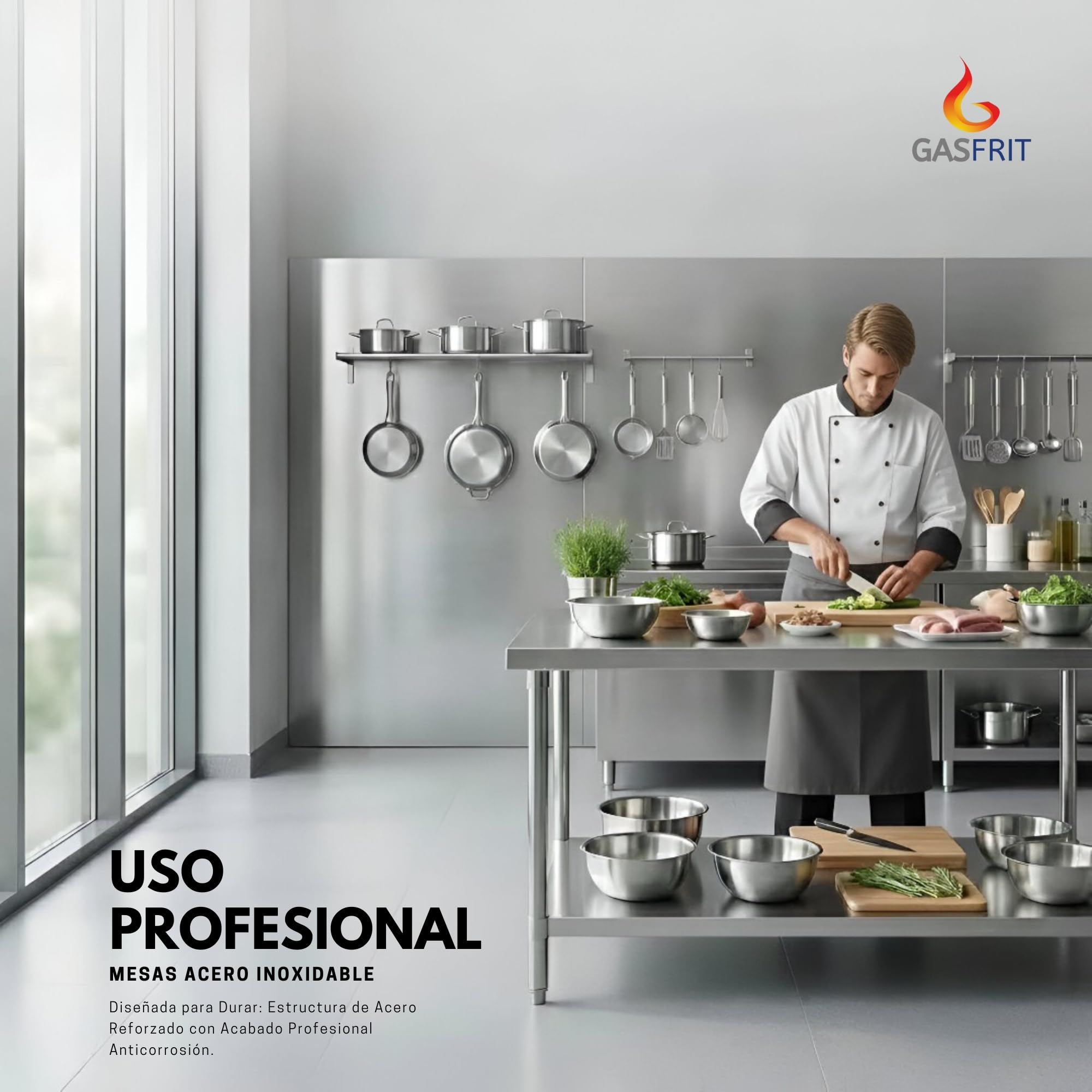 Mesa de Trabajo de Acero Inoxidable AISI 304 para Preparación de Alimentos, Mesa Industrial Profesional con Estante Inferior y Patas Regulables, Cocina y Hostelería (1500 x 600 x 850 mm)