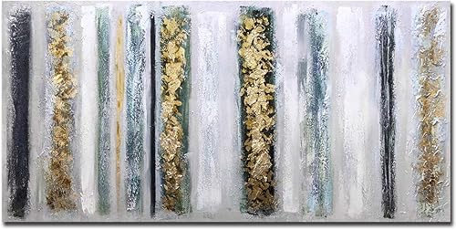 Boiee Art,24.0 x 43.7 in 100% pintado a mano oro Lines arte de pared abstracto, pintura al óleo neutral, gris oscuro, blanco y moderno minimalista,