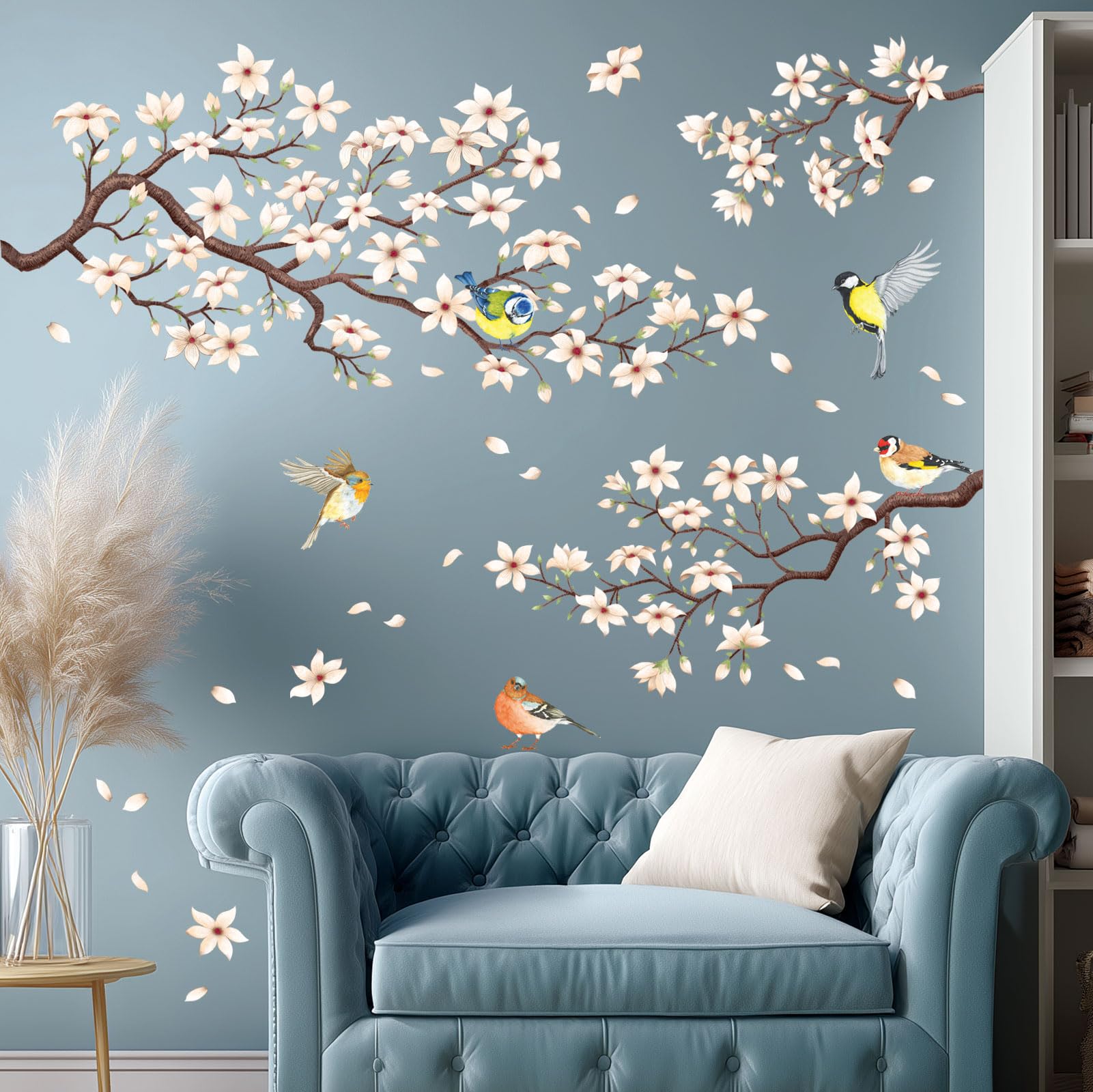 Decowall Flower Branches Sg2-2304 White Cherry Blossom Branch Wall Stickers Flower Birds Wall Decals Bedroom Living Room Tv Diy Wall Home Décor