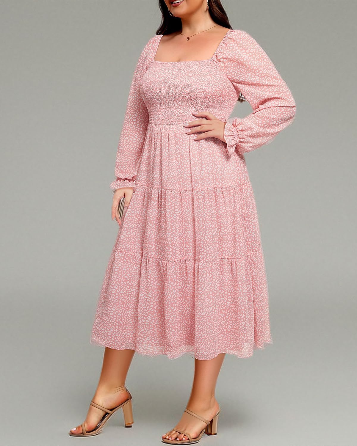 Pinup Fashion Plus Size Fall Dress - Bridal Shower Graduation Wedding Guest Boho Chiffon Smocked Midi Dresses - Image 6