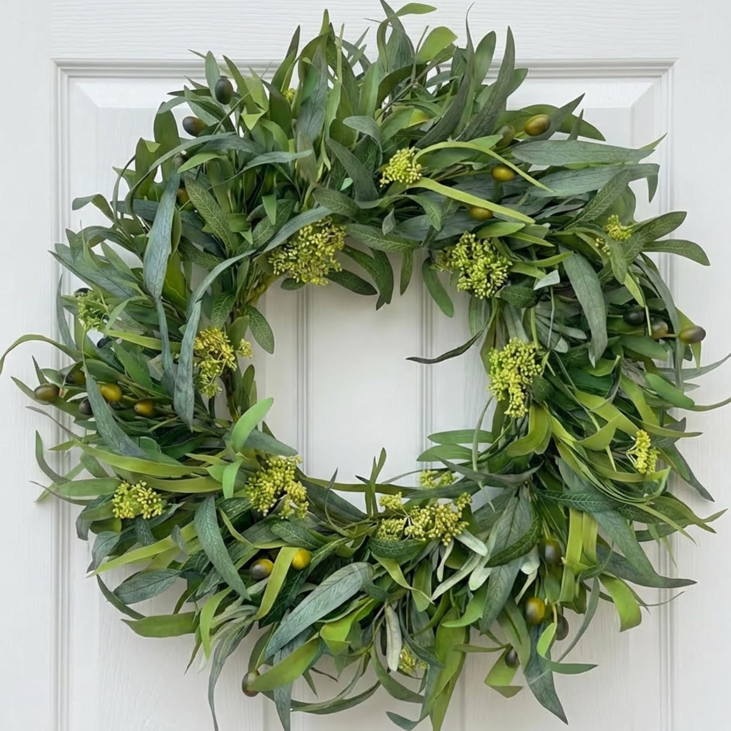 24 Inch Olive Wreath for Front Door - Artificial Greenery Spring Summer Wreath with Mixed Willow Leaves & Olive Fruit - Large All Season Farmhouse Decor for Indoor Outdoor Wall Wedding
