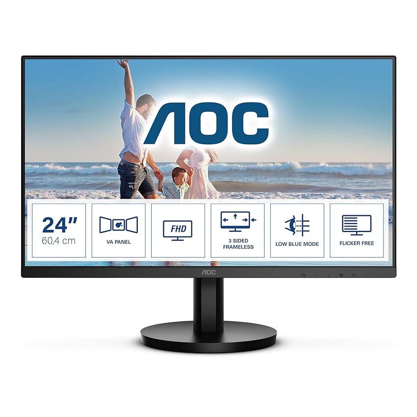 Immagine del prodotto AOC 24B3HM - Monitor FHD da 24 pollici, 75 Hz, VA, 4 ms, FreeSync, tecnologia Low Blue, senza sfarfallio, supporto Vesa, design frameless (1920 x 1080 @ 75 Hz, 250 cd/m, HDMI, VGA)
