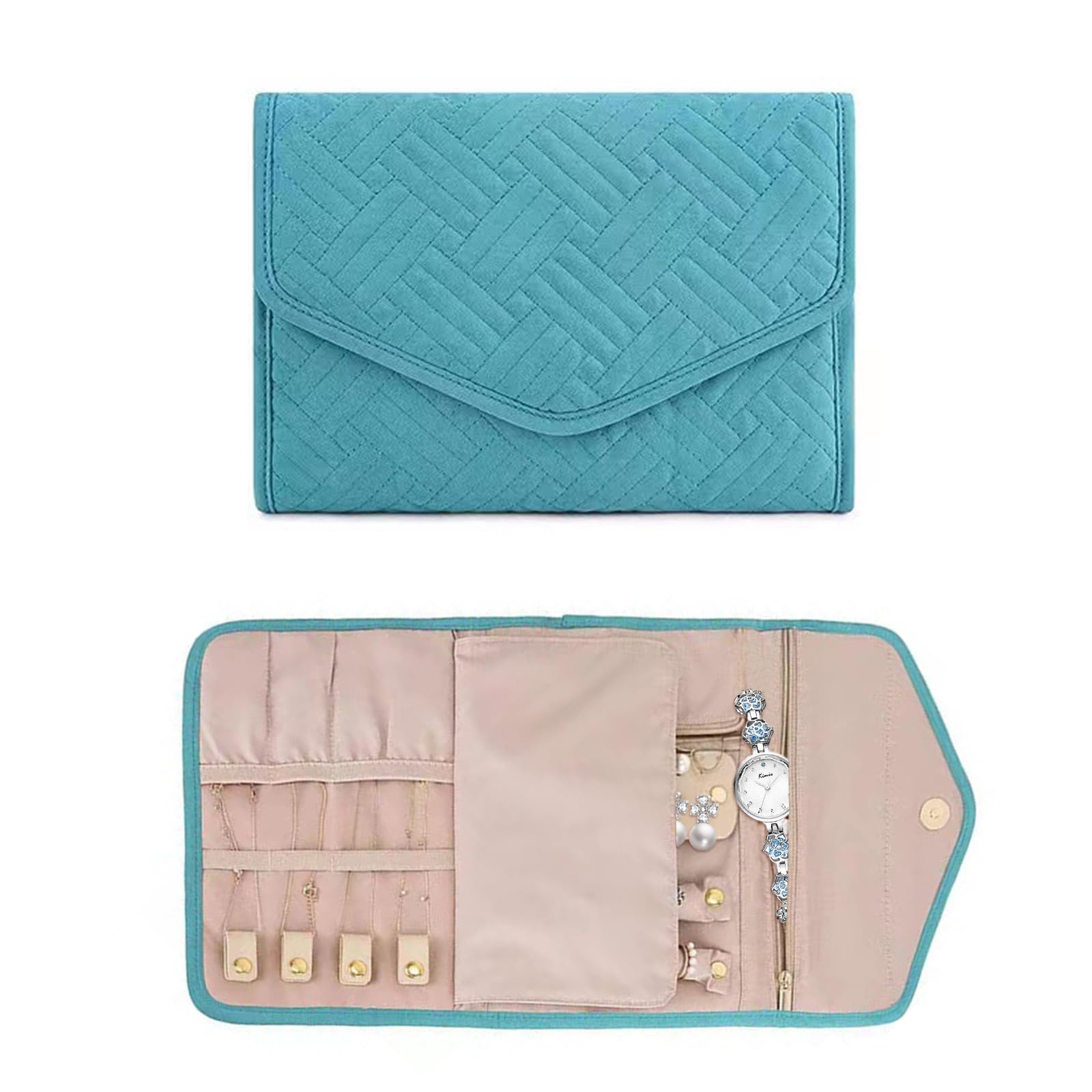 Fuzvol Women's Blue Travel Jewellery Organiser Roll, Foldable Jewelry Storage Roll Bag Case For Journey-Rings, Necklaces, Earrings, Bracelets, Large Capacity, Portable And Practical