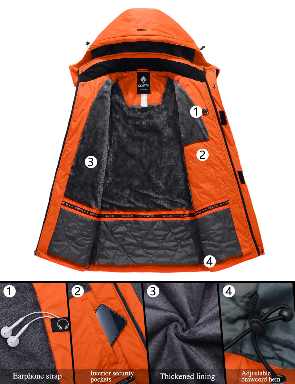 GEMYSE Chaqueta de Esquí Impermeable de Montaña para Hombre Abrigo de Invierno Antiviento con Capucha