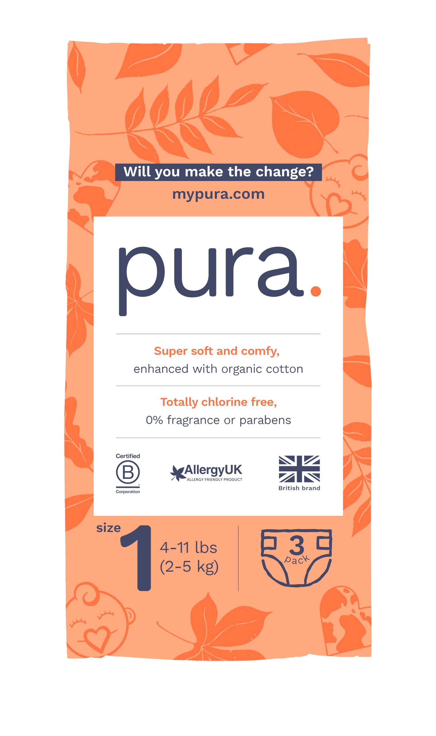 Pura Sensitive Skin Try Me Pack Baby Diapers Trial Pack, Size 1 (4–11 lbs), Totally Chlorine Free, Wetness Indicator, Soft &amp; Gentle, Overnight, Hypoallergenic, Plant-Based 3- Diaper Trial Pack