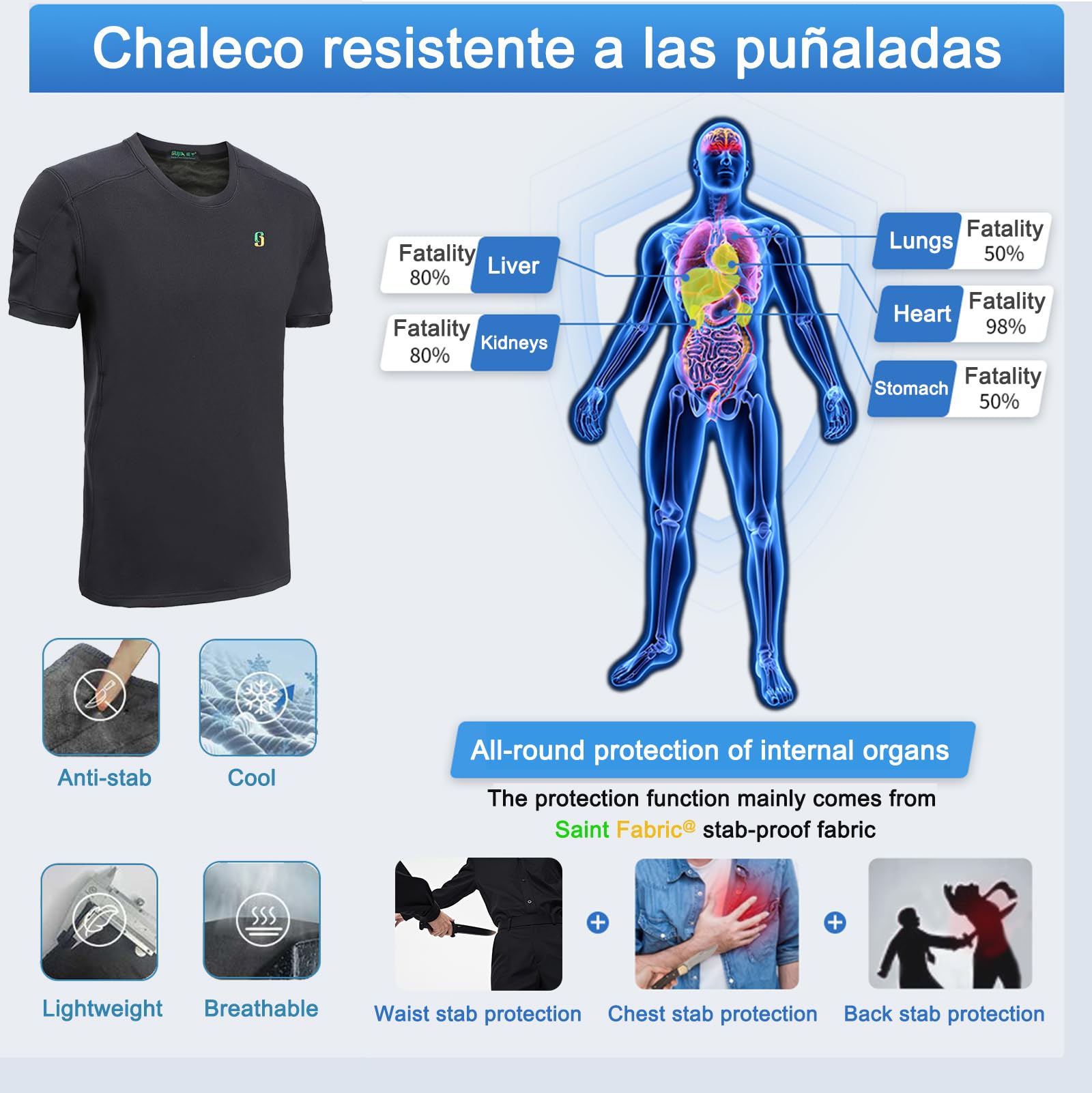camiseta antibalas hombre,chaleco anticortes vigilante de seguridad, chaleco policia disfraz, camiseta seguridad hombre,ropa anticortes para Caza Senderismo Airsoft Paintball CS (S)