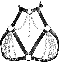 BAQOEYII Punk Black Leather Chest Harness Bra Cage - Adjustable Layered Body Waist Chain Belt for Rave Festival Halloween