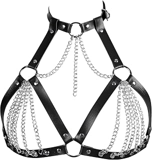BAQOEYII Punk Black Leather Chest Harness Bra Cage - Adjustable Layered Body Waist Chain Belt for Rave Festival Halloween