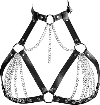 BAQOEYII Leather Bra CageStyle Shoulder Strap,Punk Layered Chest Chain,Punk Black Leather Chest Harness Body Waist Chain Belt Rave Nightclub Belly Bra Jewelry Accessor for Halloween Carnival