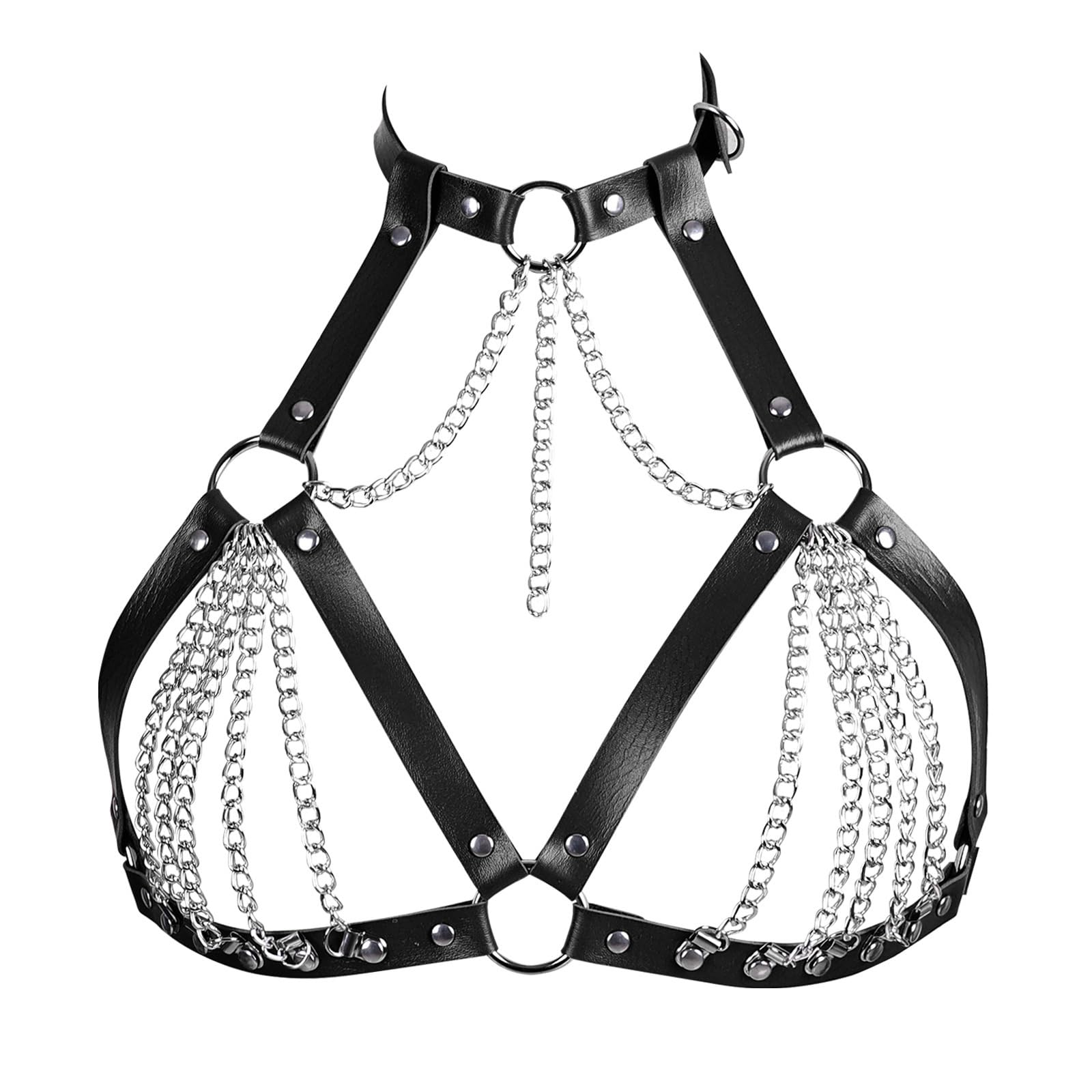 Leather Bra CageStyle Shoulder Strap,Punk Layered Chest Chain,Punk Black Leather Chest Harness Body Waist Chain Belt Rave Nightclub Belly Bra Jewelry Accessor for Halloween Carnival, Golden-image-30