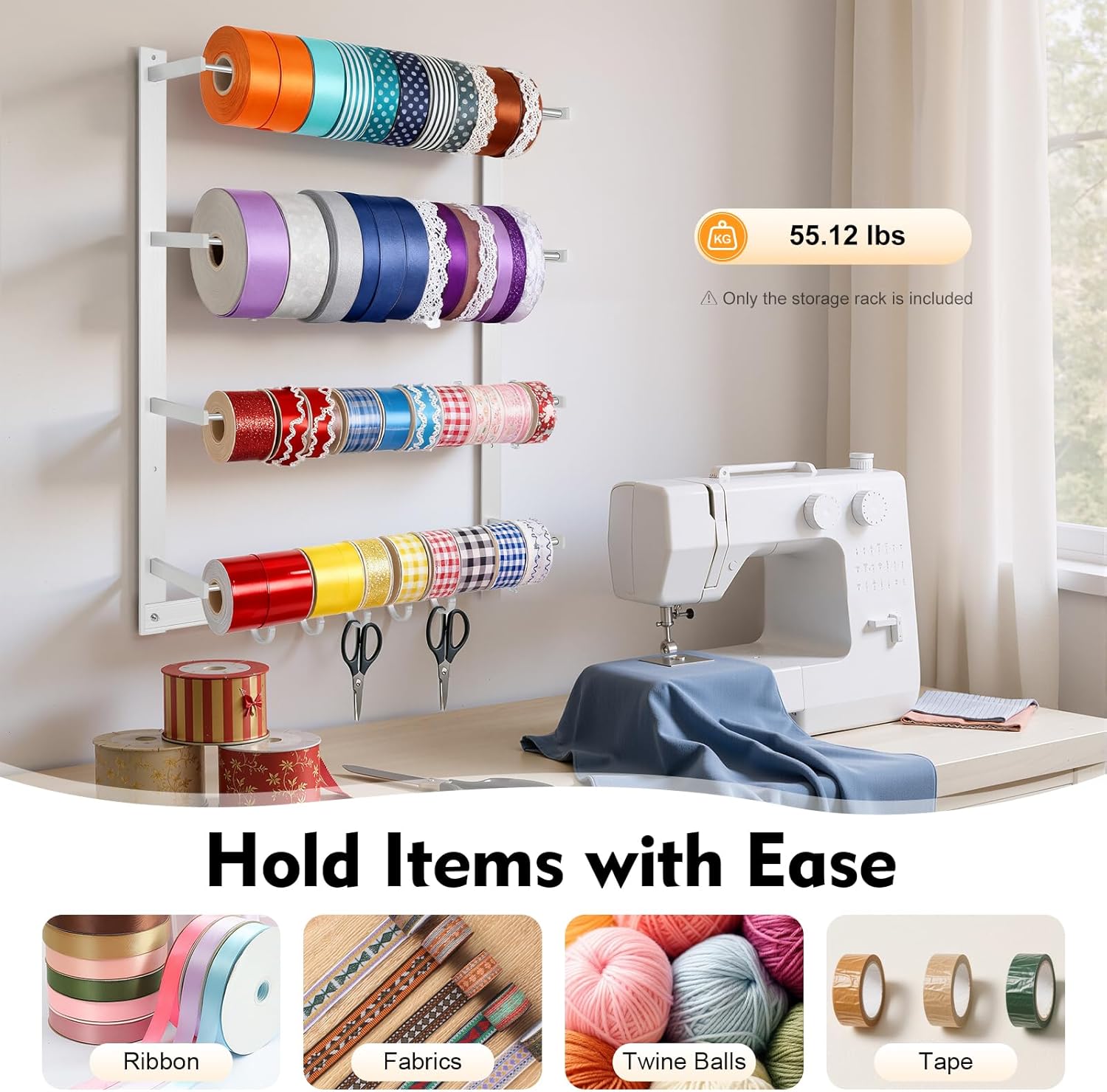 Ribbon Organizer with Hooks, 4 Tiers Metal Ribbon Holder Storage Rack for Florist, Cake Shop, Craft Room - 23.62" x 20.87" x 3.94"