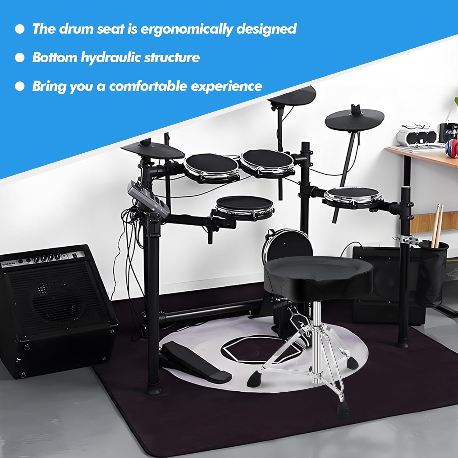 Heavy Duty Drum Stool, Hydraulic Drum Throne, Ergonomic Memory Foam Drum Seat, Adjustable Drum Chair Anti-Slip Base, Drum Saddle Bench for Drummers Musicians(Black)