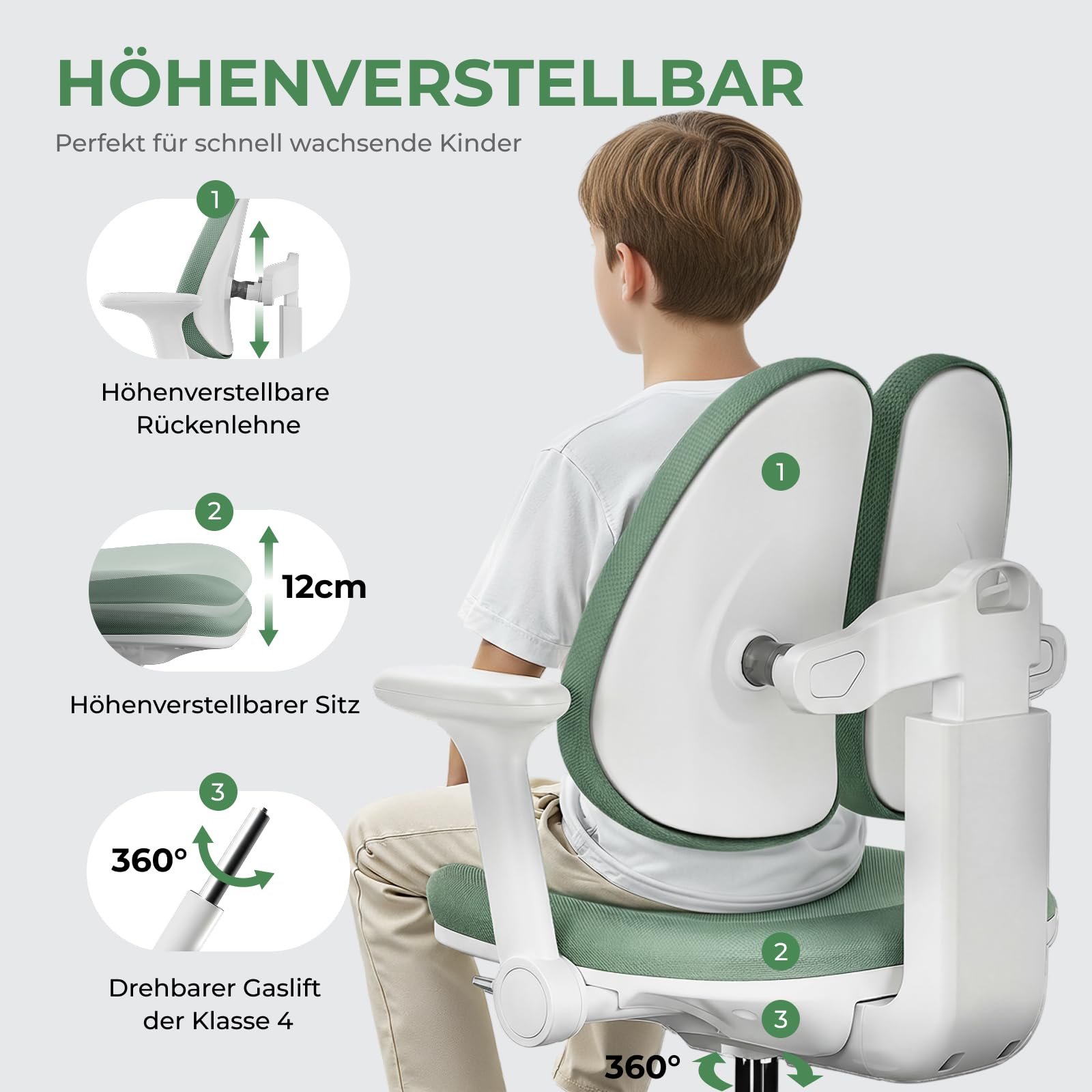 HOKO Ergo Study Kid Schreibtisch Stuhl Grün. Höhenverstellbarer, mitwachsender Kinder Stuhl. Sitz und Rücken separat verstellbar. Ergonomisches Sitzen für Kinder (Milo)