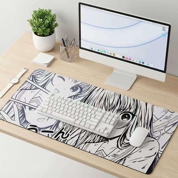 XXL Anime Girl Mouse Pad Black White，Super Thick Large Manga Girl Desk Mat