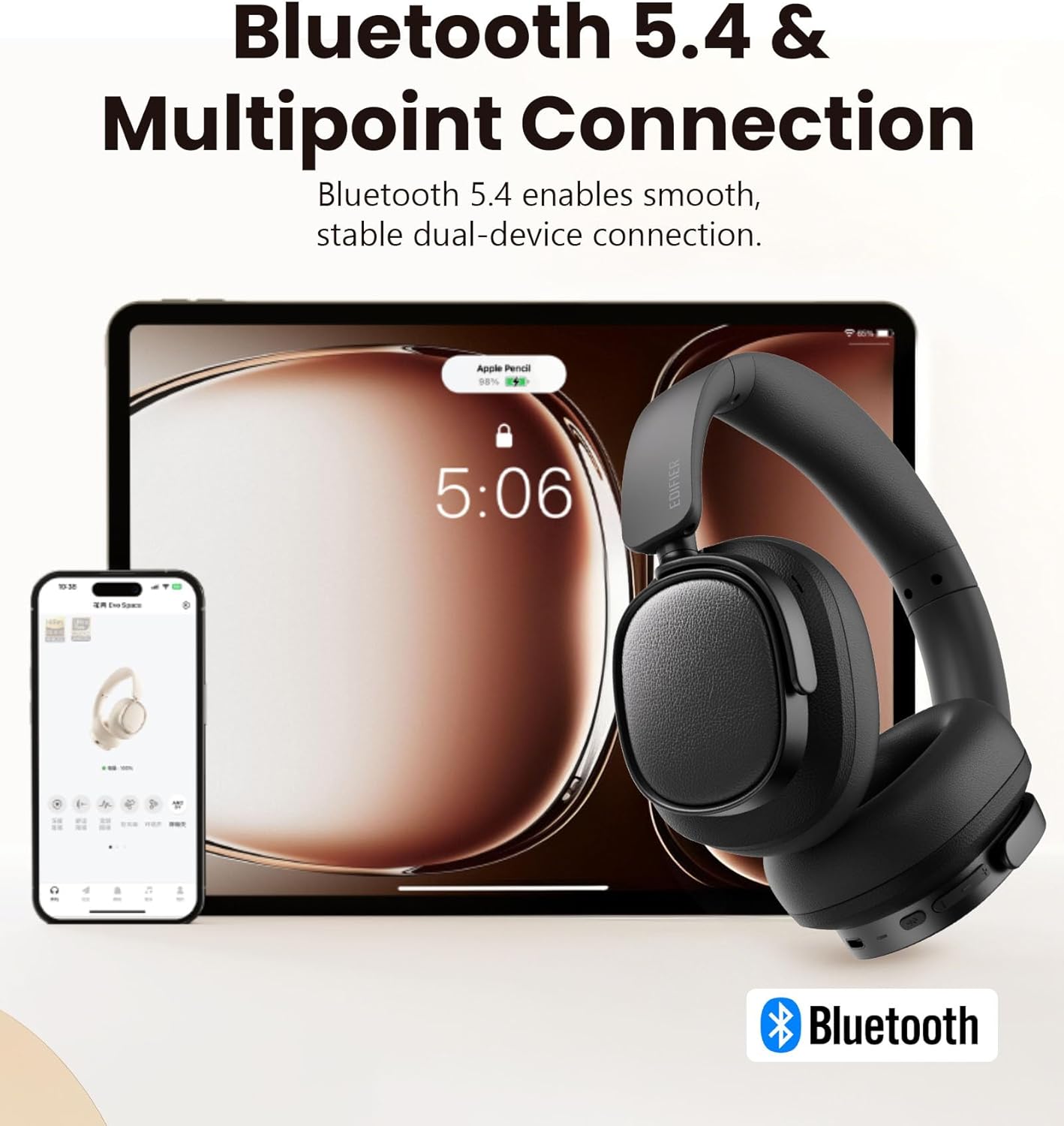 Edifier ES850NB Active Noise Cancelling Headphones, Over Ear Bluetooth Headset, 92H Playtime Wired & Wireless Hi-Res Audio Certified, Fast Charging Clear Calls for Home Office Travel (Black) - Image 8