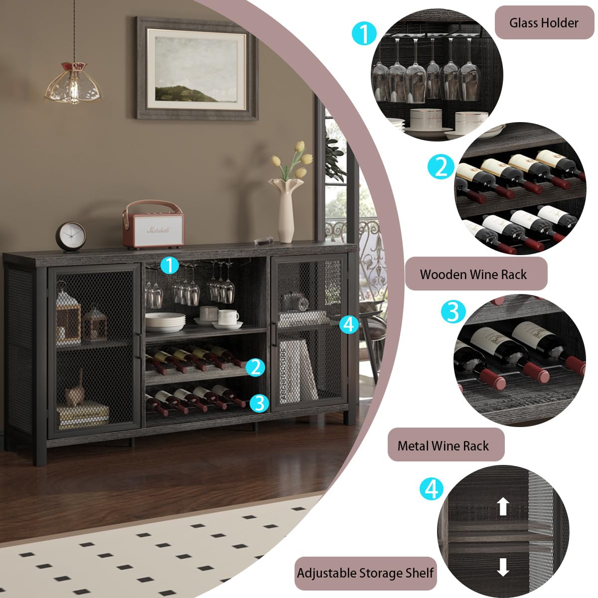 Launica Armadietto da bar per liquori, armadietto industriale per vino, credenza rustica, per liquori e bicchieri, con scaffale, per casa, cucina, sala da pranzo, rovere grigio scuro, 140 cm
