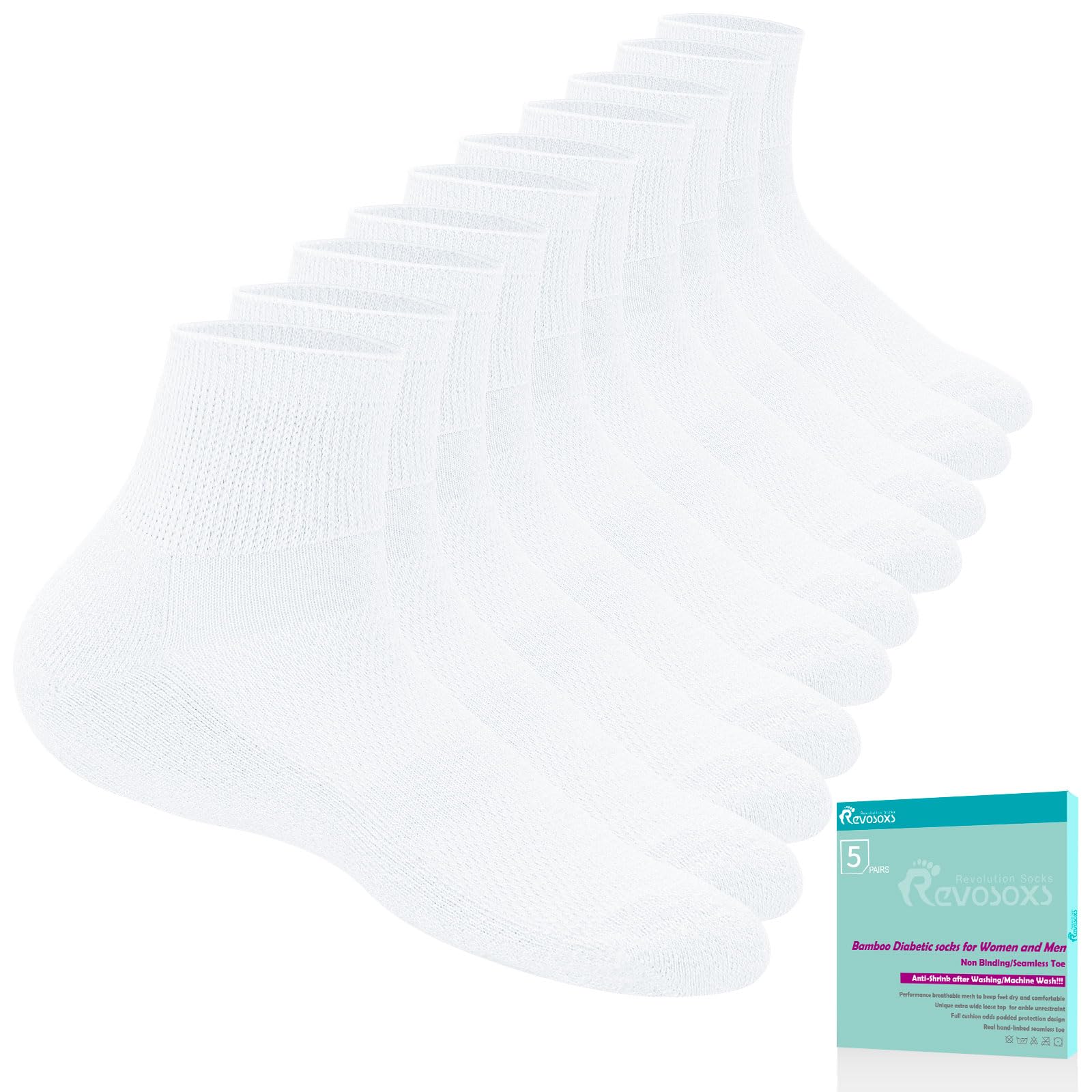 Revosoxs Diabetic Socks for Women Men,5 Pairs Non Binding Diabetic Ankle Wide Stretchy Loose Seamless Socks 7-9 9-11