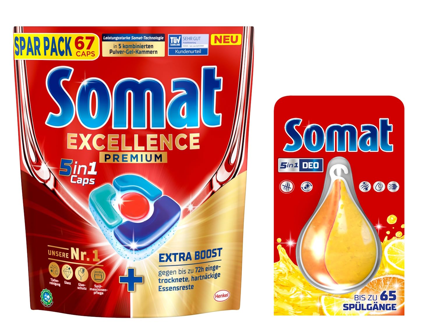 SOMAT 4in1 Caps 2x67 (134) AW Excellence, schnellauflösende Spülmaschinentabs, entfernen selbst hartnäckige Essensreste + Somat Duo Power Experten Deo Perls 60 AW Zitrone & Orange Duft 17g