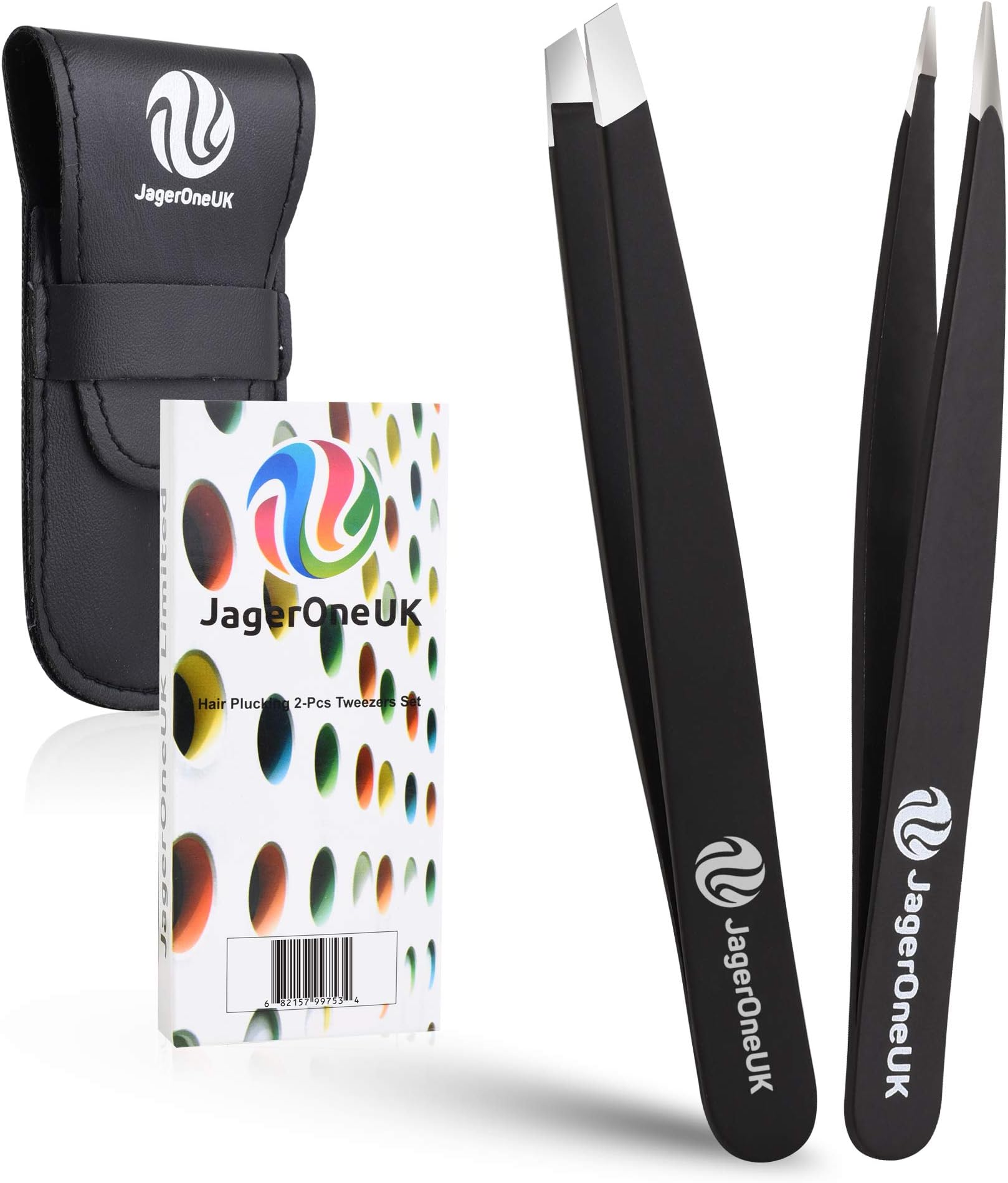 JagerOneUk Top Quality Stainless Steel 2-Piece Tweezers Set with Leather Pouch | Unisex Professional Eyebrow Tweezers | Best for Plucking Precision Chin Facial Hairs - Black