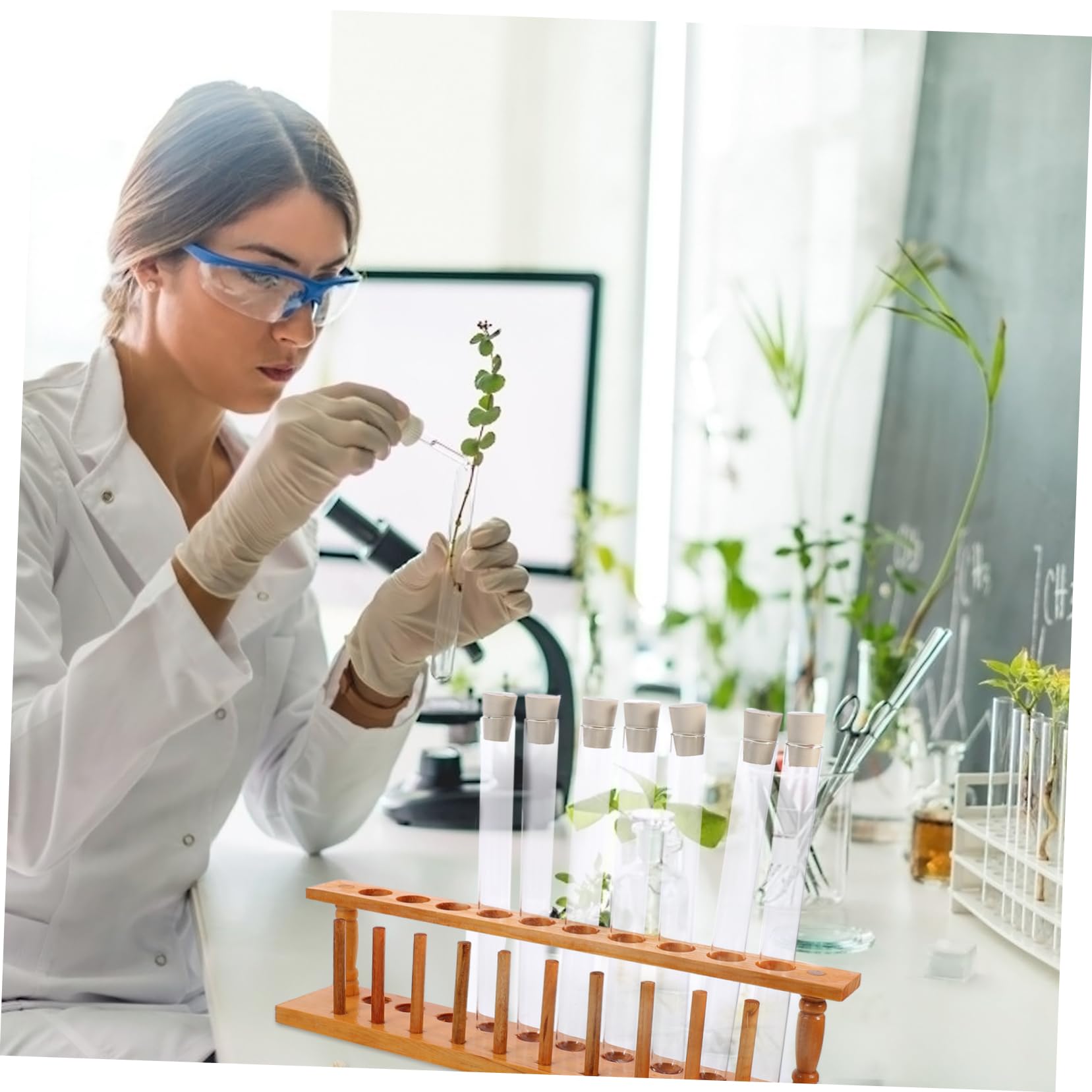 Set di 10 Provette in Vetro con Tappo di Sughero, Supporto Porta Provette in Legno a 10 Fori, Resistente al Calore e Materiale Sintetico Ecologico per Laboratori e Scuole