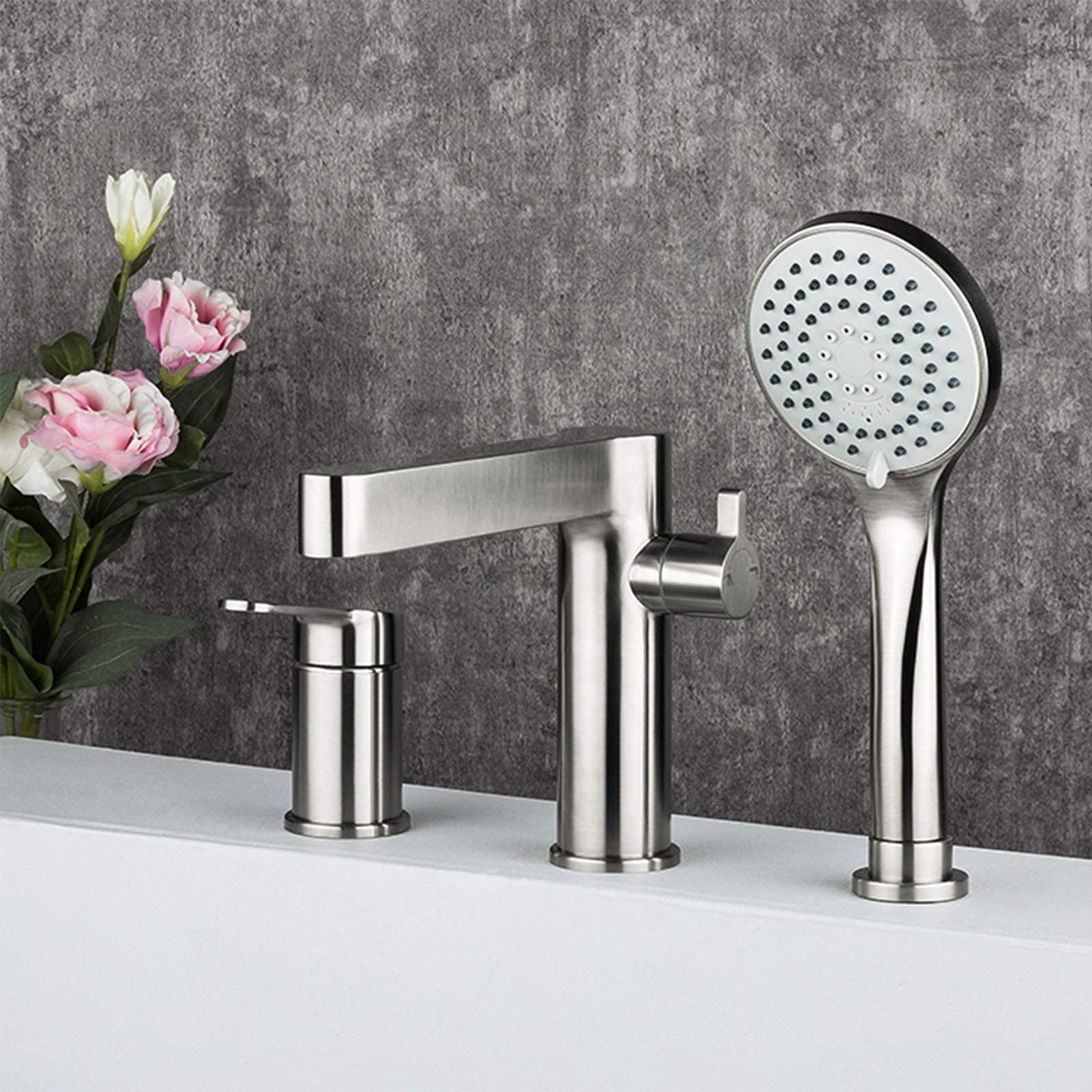 ZQFHSX Kitchen Mixer taps Bathtub Faucet with Hand Shower, Stainless Steel Deck Mount Set, 3 Holes Bat LWX