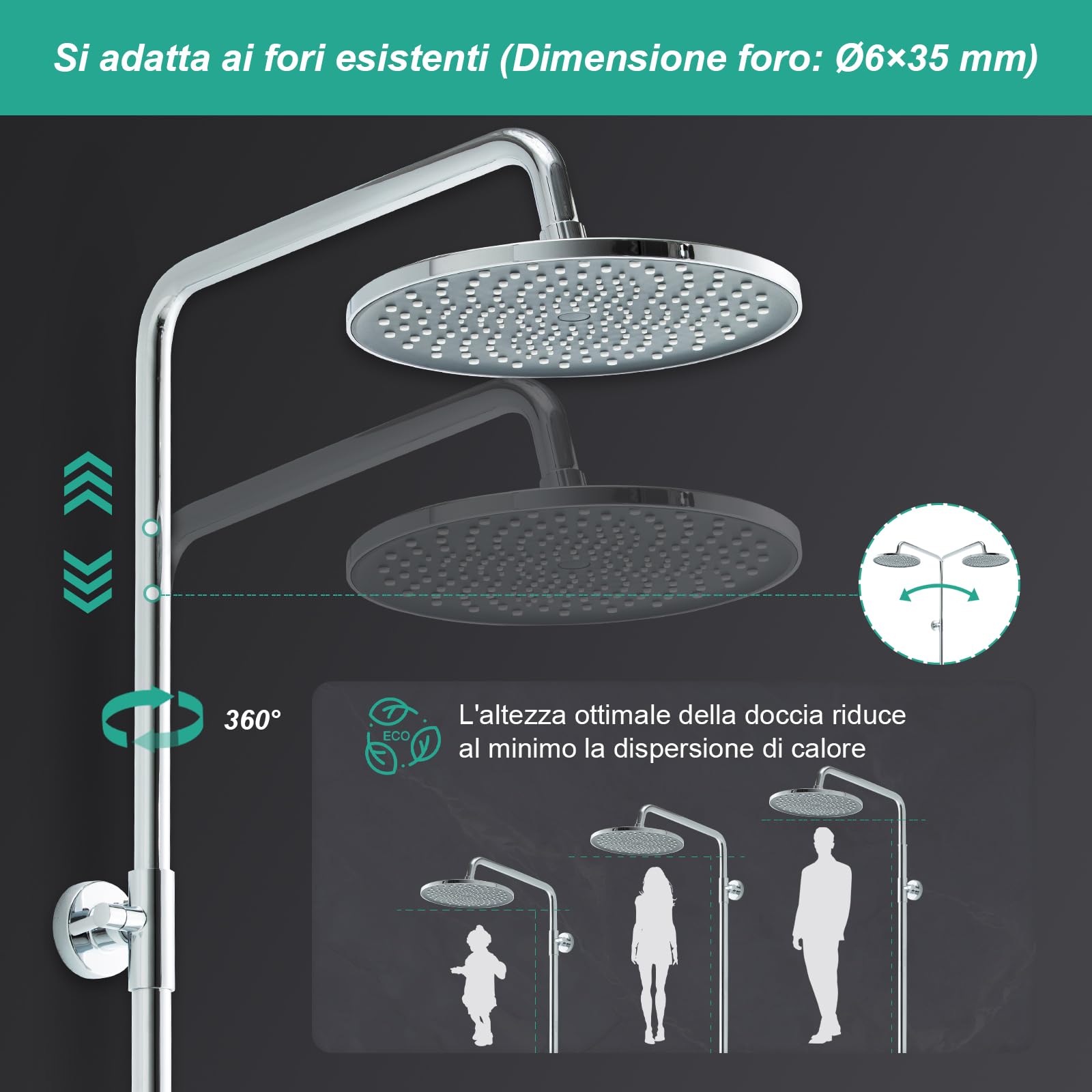 OFFO Colonna Doccia Senza Miscelatore, Asta Doccia Saliscendi con Soffione Rotonda 25x25cm e Doccetta 3 Getti, Asta Doccia Regolabile in Altezza 86-120cm, Tubo Acciaio Inox Antitorsione 1.6m, Cromo