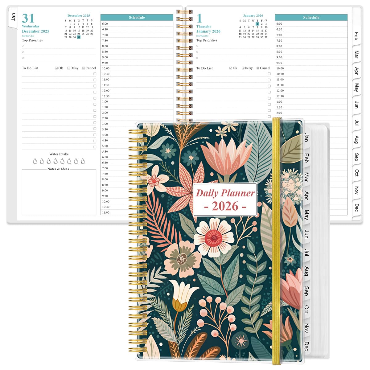 2026 Daily & Monthly Planner - One Page Per Day, Daily Planner from January 2026 - December 2026, Planner 2026 with 12 Monthly Tabs, 8.5" x 11", Flower-B