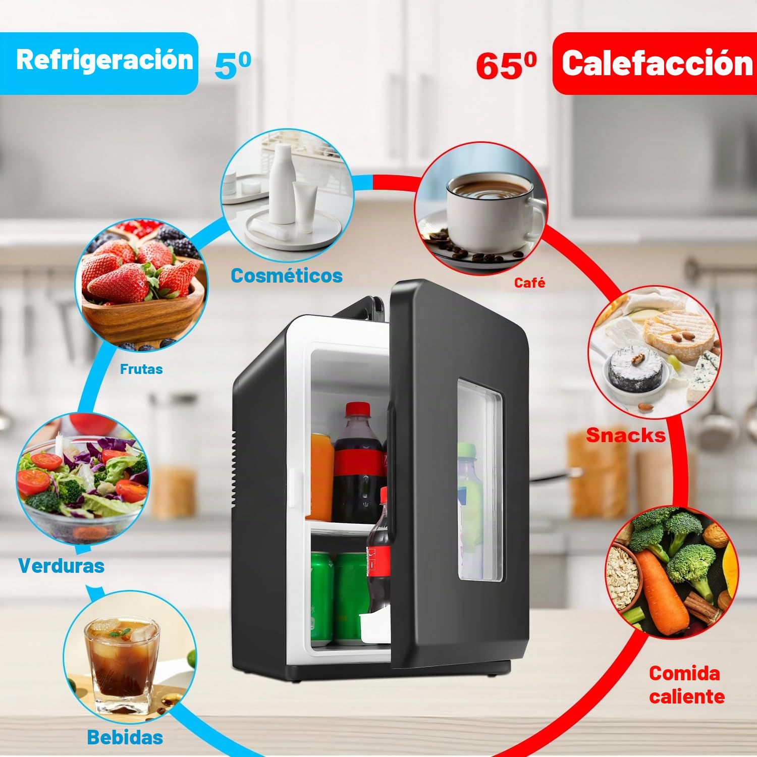 Herrselsam Mininevera 2 en 1, 15 litros, nevera portátil de 220 V AC/12 V CC, minibar pequeño con función de refrigeración y calefacción, nevera pequeña para bebidas, oficina, camping, negro