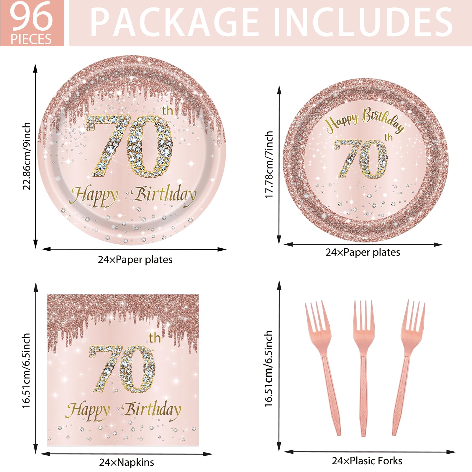 Rose Gold 70th Birthday Tableware Set for Women - 96 Pcs Disposable Party Supplies Includes Dinner Plates, Napkins & Forks, 70 Year Old Birthday Decorations (Serves 24 Guests)