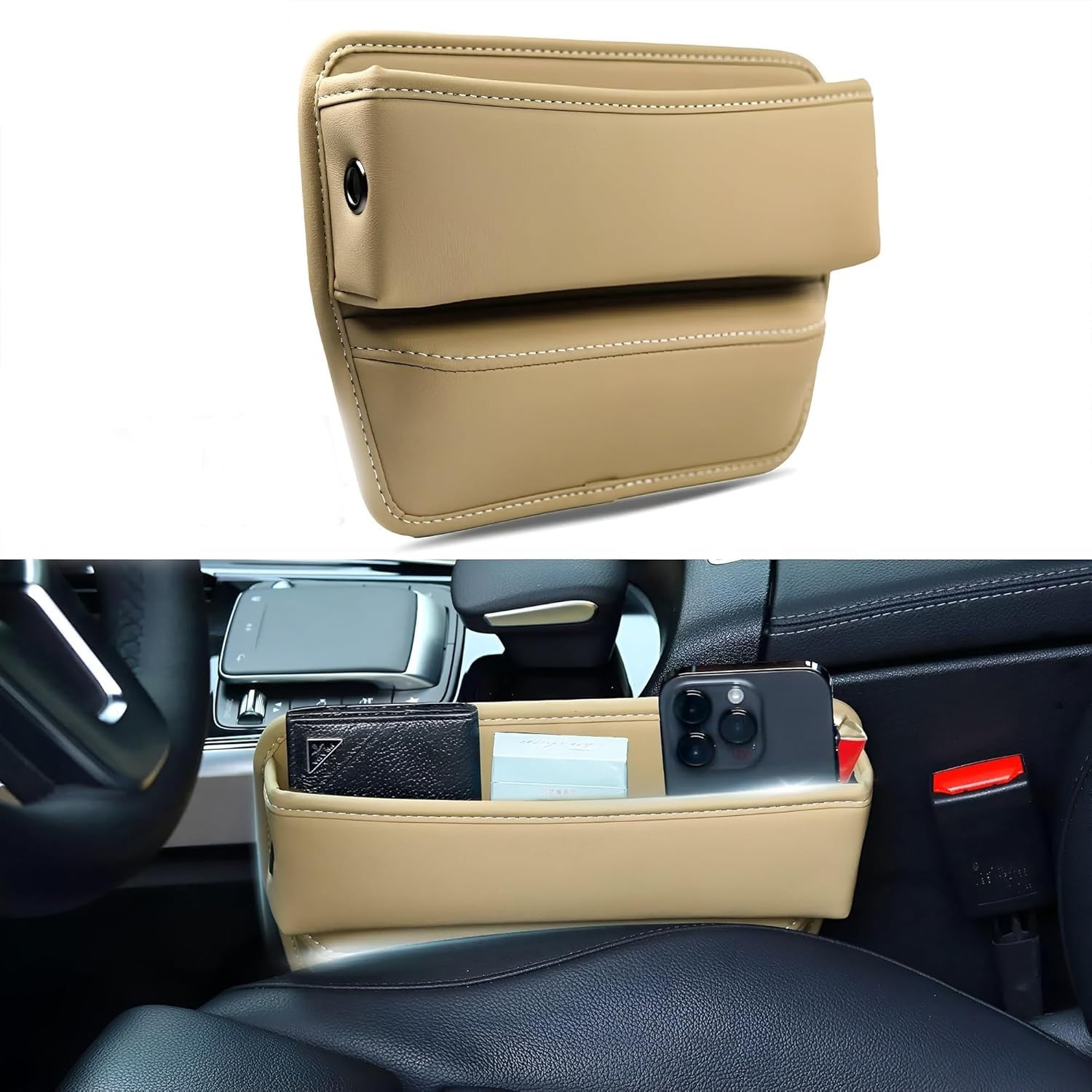SIAGO SIA133 Car Seat Gap Filler Organizer - Premium PU Leather Storage Box for Phone, Keys, Coins & Cards – Keep Your Car Tidy and Clutter-Free (Beige)-image-9