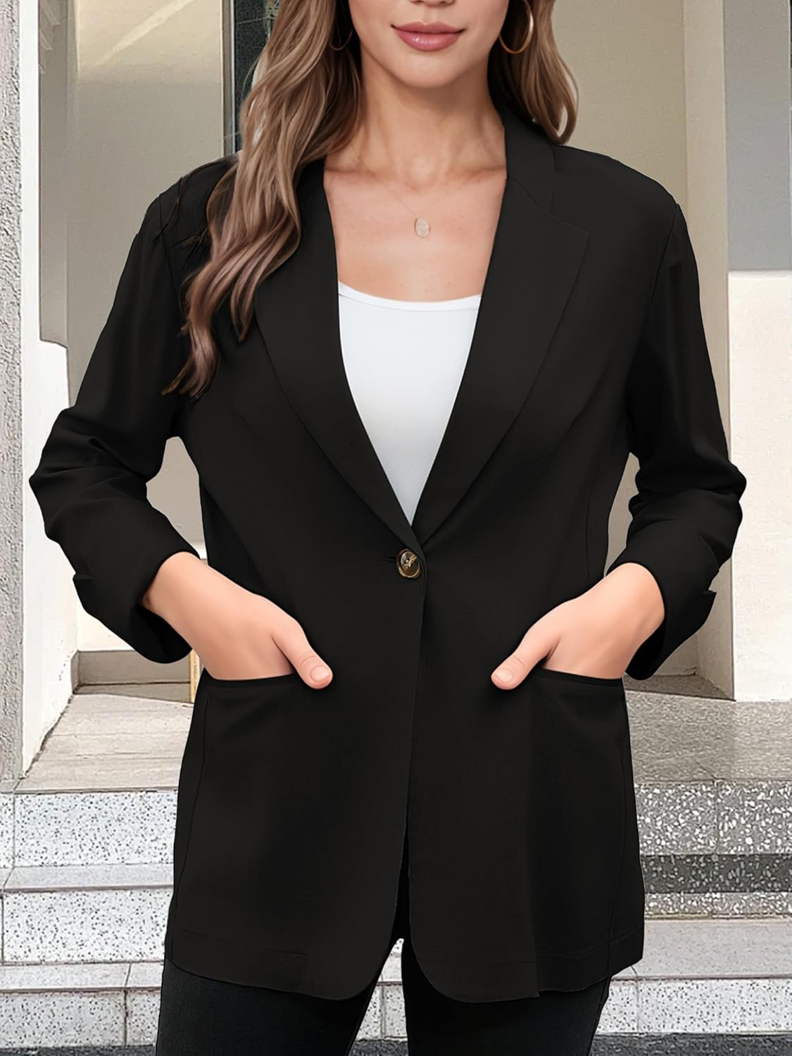 Women's One Button Cotton Linen Blazer Lightweight 3/4 Roll Up Sleeve Jacket for Casual Dailywear Office - Image 2