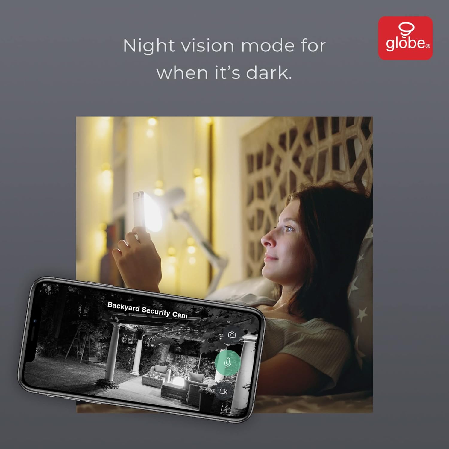 Smartphone displaying night vision camera feed from the security light