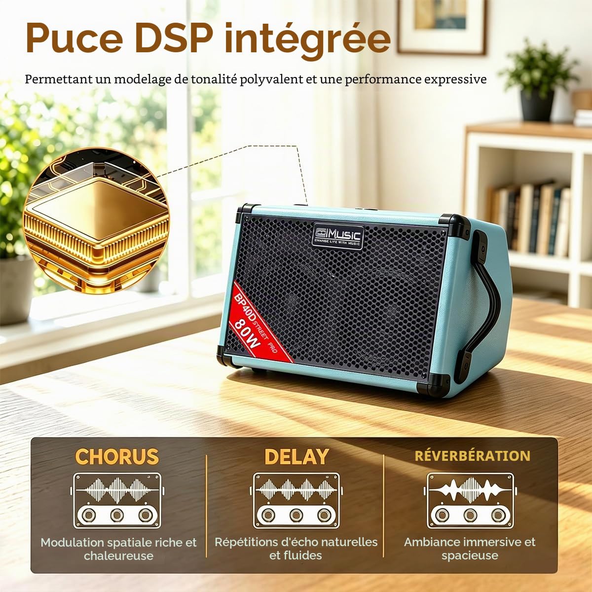 BP40D Amplificateur de Guitare Acoustique Haut-Parleur de Chant de Rue – Haut-Parleur Bluetooth Portable 80 W avec Batterie, Effet de Retard de réverbération de Chorus, 6 entrées, égaliseur 3 Bandes,