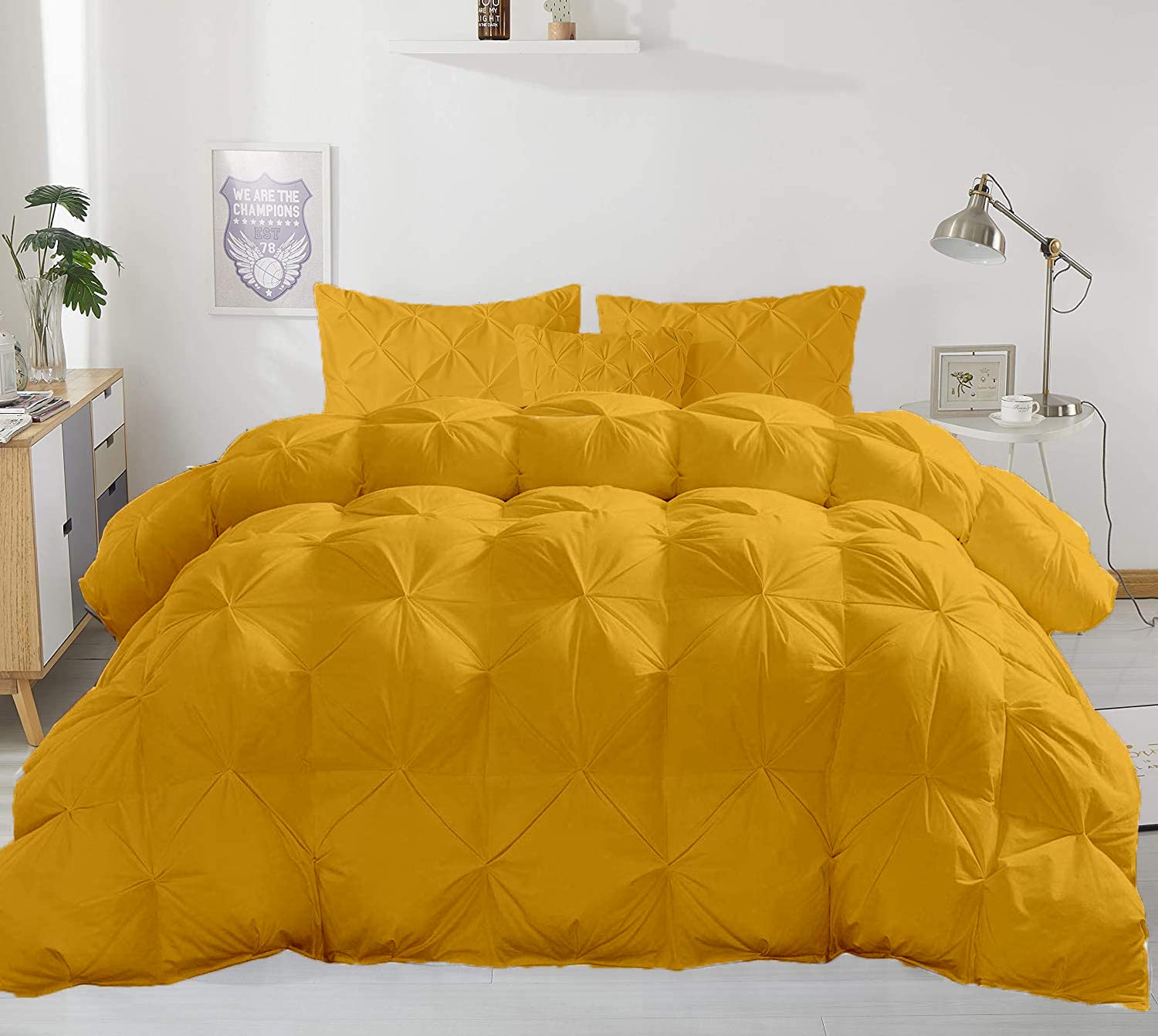 Premium Quality - California King Size (102" x 96") Inches, 3pc Pinch Comforter Set - Ultra-Soft - All-Season Down Duvet Insert 500 GSM 800 Thread Count 100% Egyptian Cotton Cover - Gold Solid