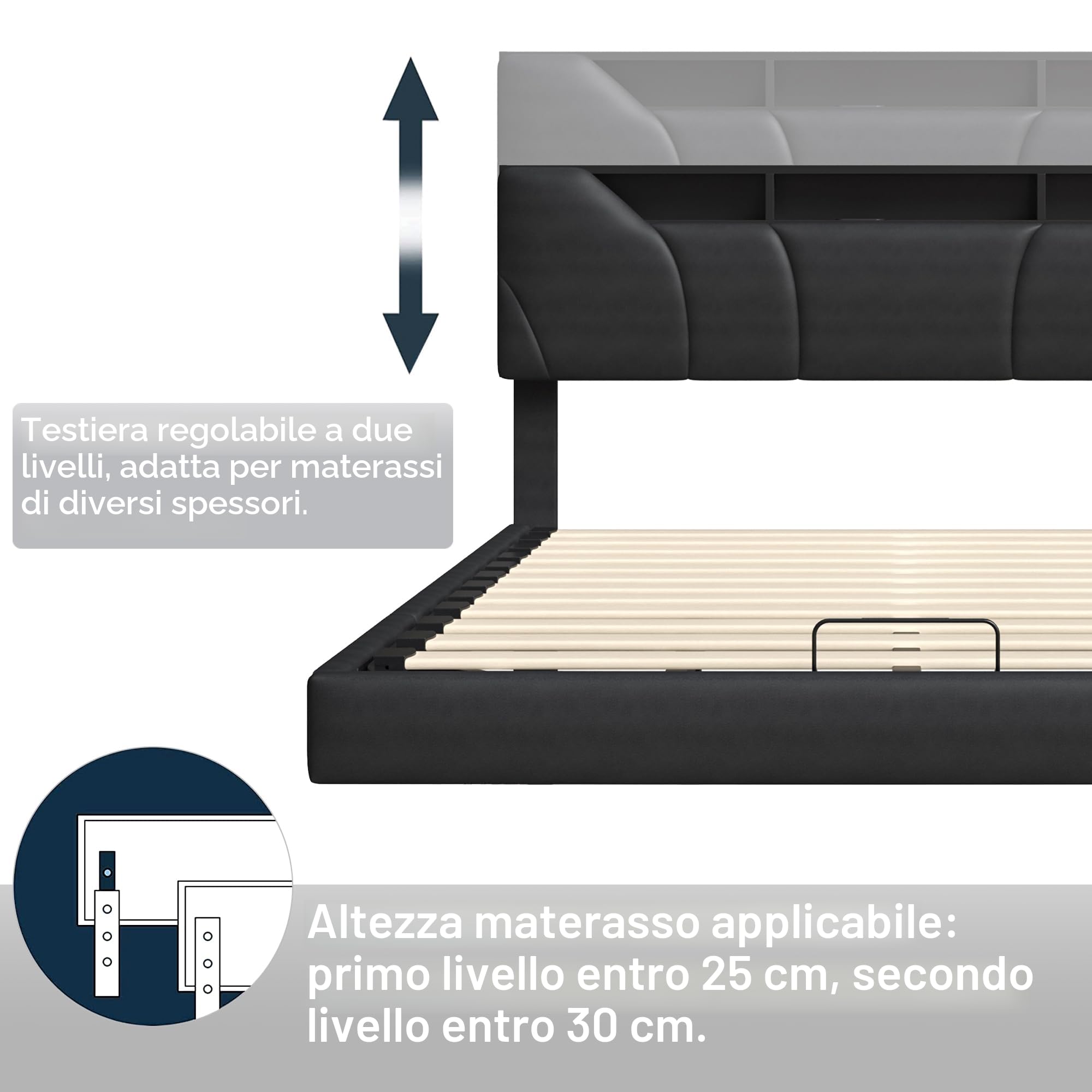 KeepGoon Letto imbottito 160 x 200 cm, comodino con illuminazione a LED, presa USB, barra di pressione dell'aria, letto matrimoniale con cassetta, letto sospeso, materiale PU, testiera con vano