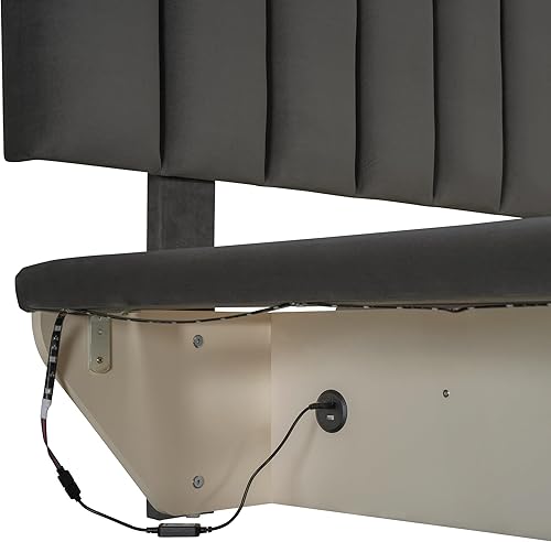 Miniatura 25 de Cama de plataforma flotante tamaño Queen con sensor de luz y cabecero, marco de cama moderno tapizado de terciopelo suave, no necesita somier