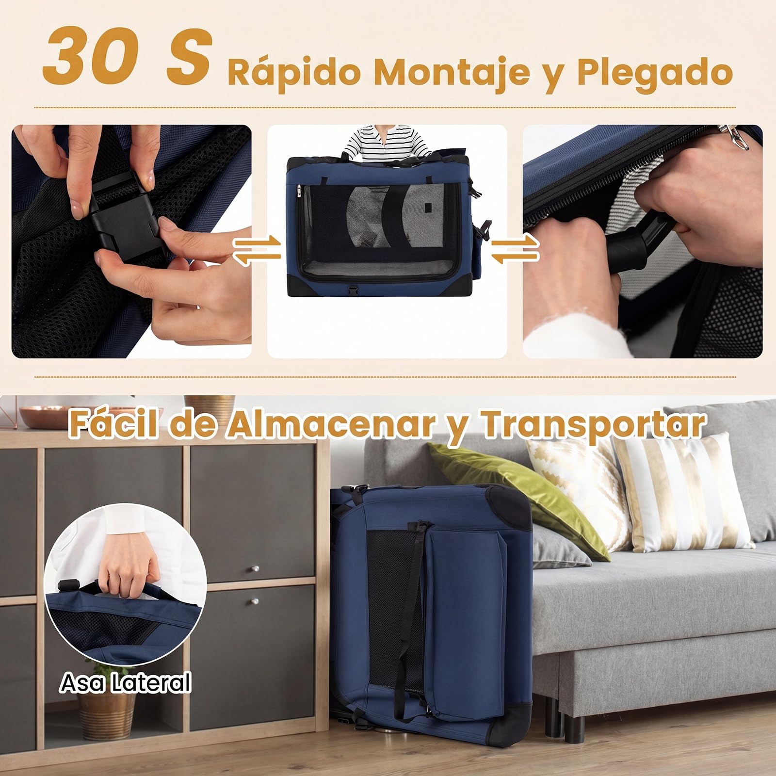 COSTWAY Transportín para Perros Plegable, Bolsa Transporte para Gatos con Ventanas de Malla, 3 Puertas y Bolsillos Extraíbles, Portador de Viaje para Mascotas Interior y Exterior (Azul,Large)