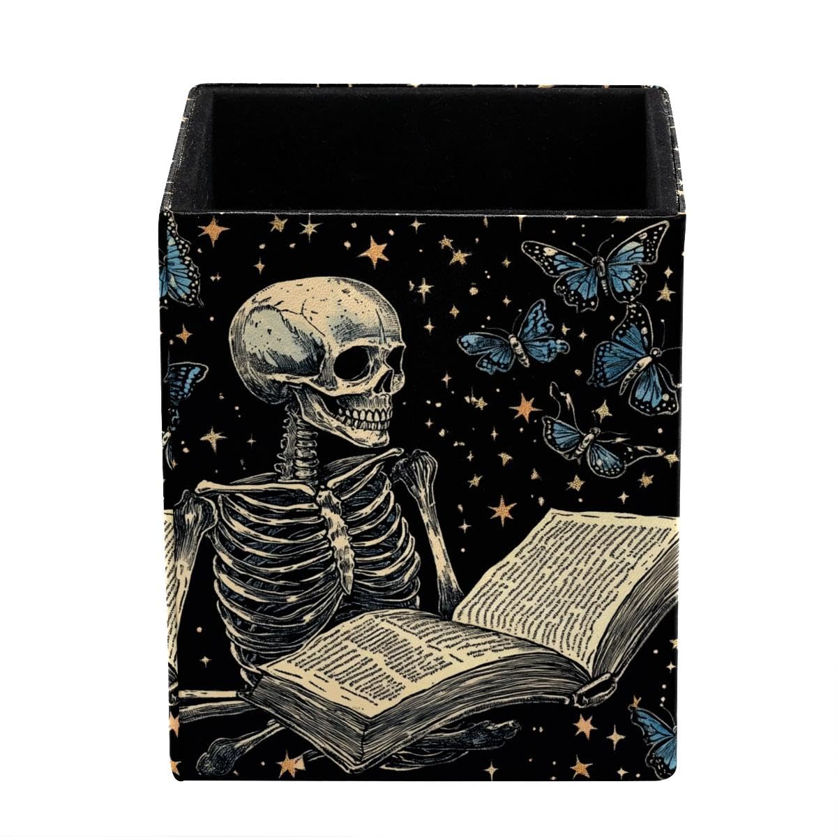 HEOEH Funny Skeleton Reading Pen Holder Pen Pot, Square Pencil Cup for Desk