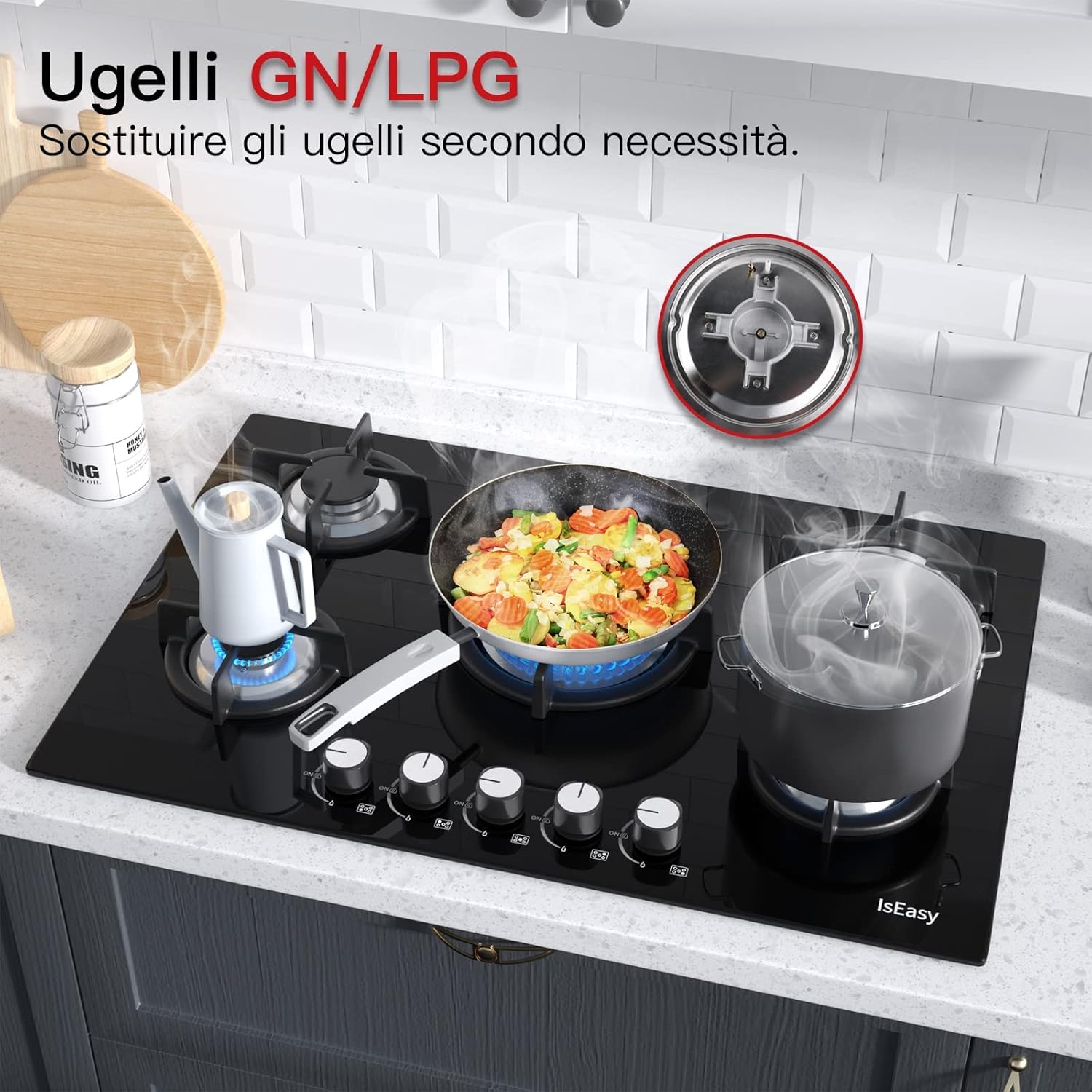 Piano cottura a gas 5 fuochi, piano cottura da incasso, gas metano/propano Piano cottura a gas 5 fuochi, piano cottura da incasso, gas metano/propano