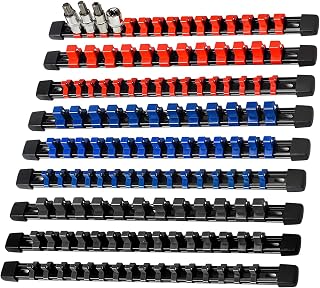 AMM 9-Piece Socket Organizer - Heavy Duty 1/4" 3/8" 1/2" Drive ABS Rails for SAE/Metric Deep Shallow Sockets, Garage Tool Storage Rack