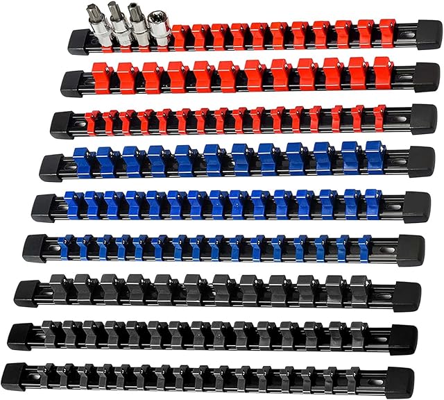 AMM 9-Piece Socket Organizer, 1/2 inch, 3/8 inch and 1/4 inch Drive socket holders organizers,Heavy Duty Socket Racks, Premium Quality Socket Clip Rail Holder,The best tool organizer in the garage