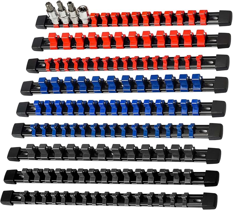 9PCS Socket organizer, 1/4" 3/8" 1/2" Drive Heavy duty socket holder | Premium ABS Construction | Clip-on Rail Design | Wall-mountable Space-saving Garage Tool Tray