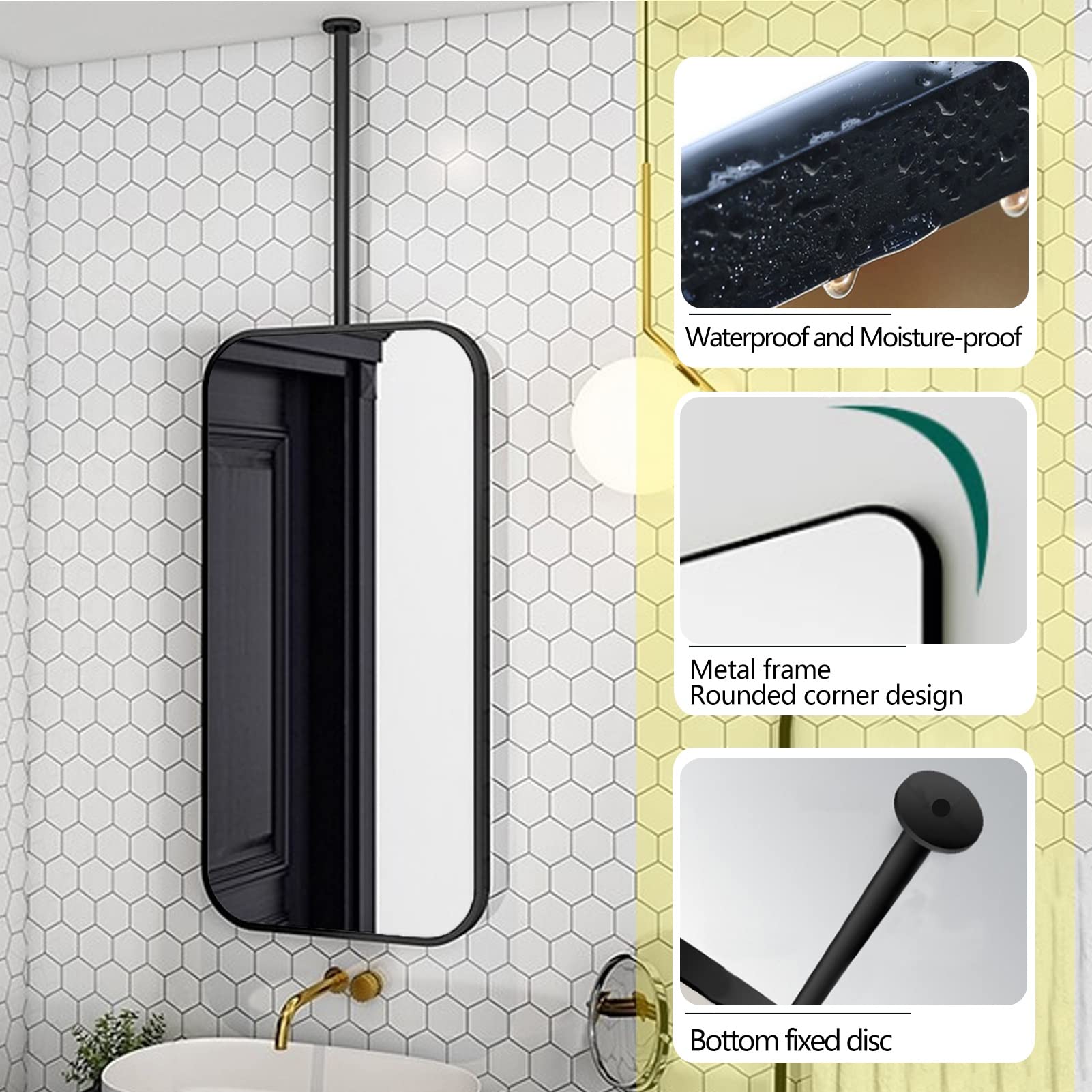 Specchio Quadrato Montato a soffitto con Struttura in Metallo Nero, Specchio da toeletta Galleggiante Moderno Specchio con Asta sospesa per Bagno Specchio per Trucco da Barba Specchio per de