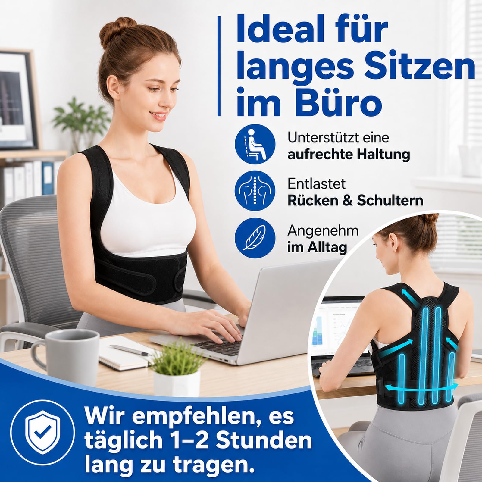 Rückenstützgürtel, Schultergurt zur Unterstützung des oberen Rückens, Atmungsaktiver Komfortgurt für Damen und Herren, Verstellbar, L
