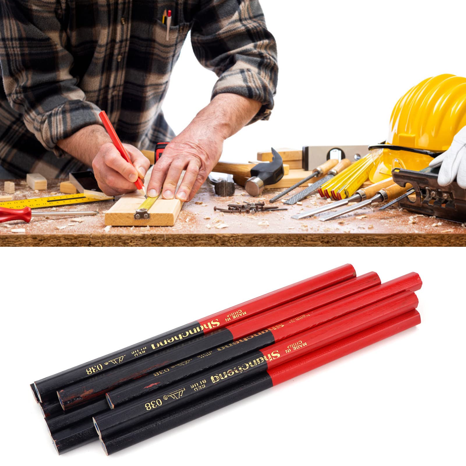 Hilitand 9Pcs Red and Blue Carpenters Pencils Set, 2‑Core Hex 2‑Head Woodworking Mark Pen for Wood, Ceramic Tile, Metal, Glass, Leather, Plastic — Amazon image 5
