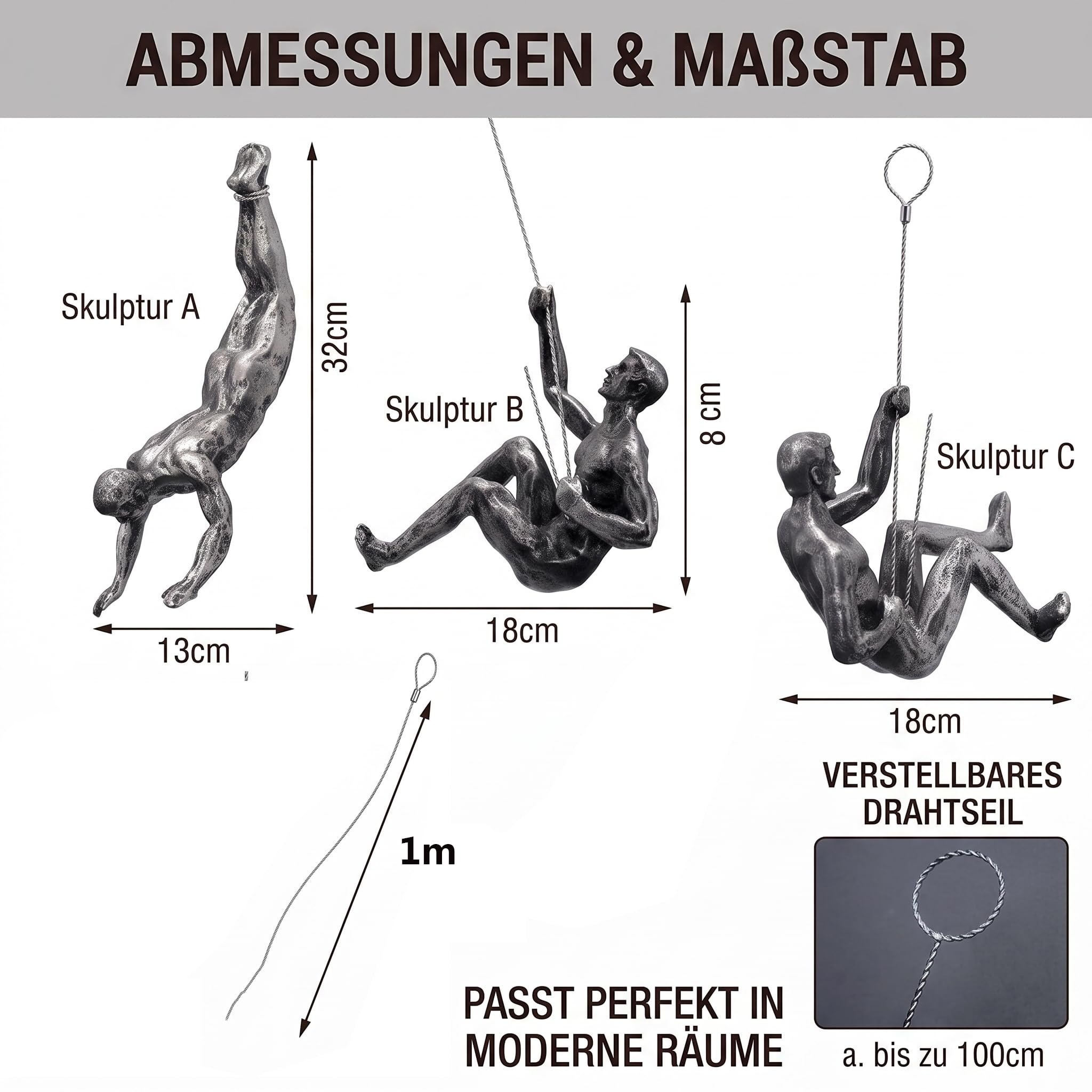 Wanddeko Wohnzimmer Kletterer Skulptur Deko 3 Männer Ornamente | Minimalistische Wandskulpturen Deko aus Kunstharz, Elegantes Wanddekoration für Flur Treppenhaus & Treppenhaus