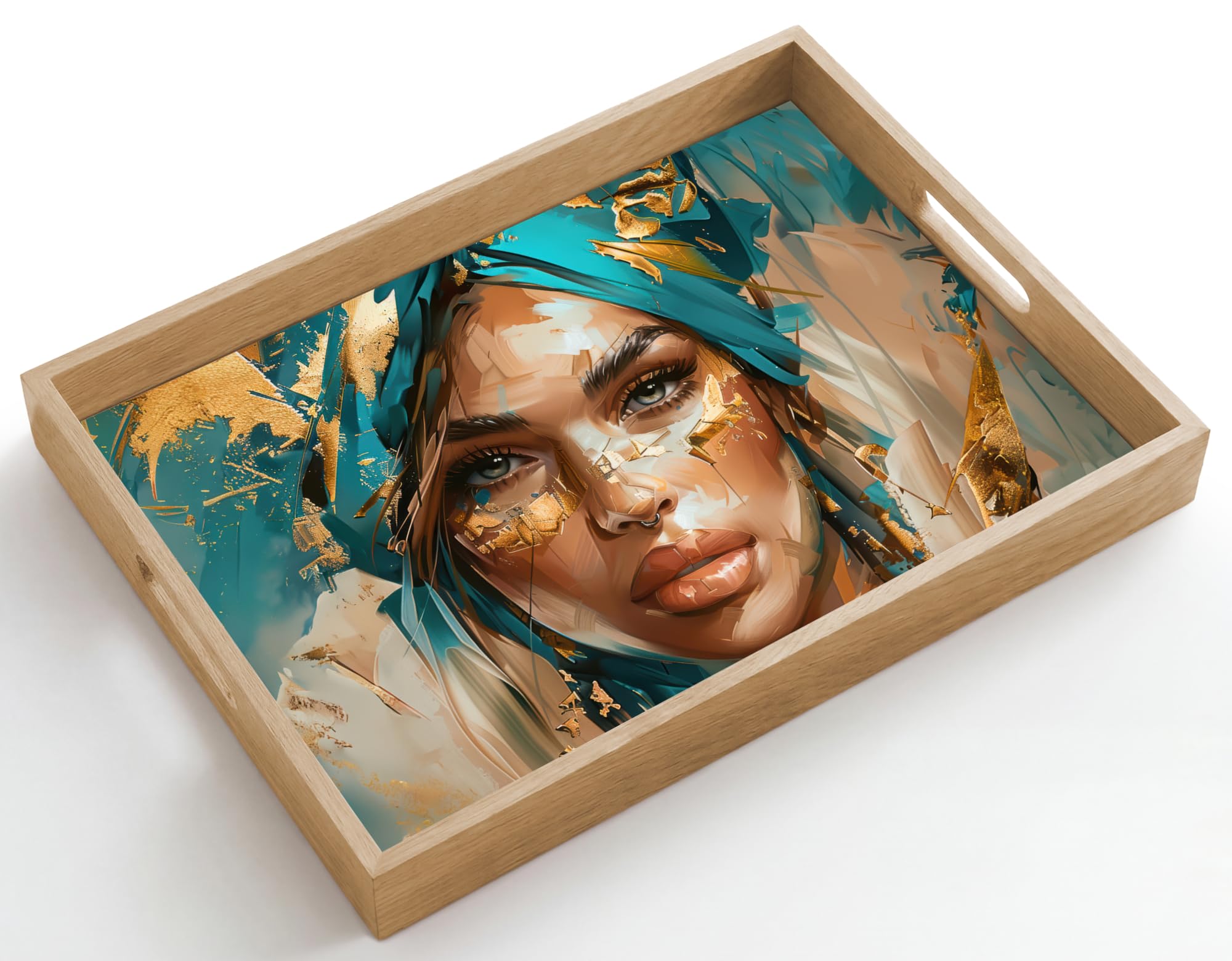 Bandejas Rectangular 50x35 cm Bandeja Cafe Decorativa para Servir Comida Resistente Al Calor De Madera Desayuno Cocina Tabuleiro Mujer - Retrato - Oro - Lujo - Azul