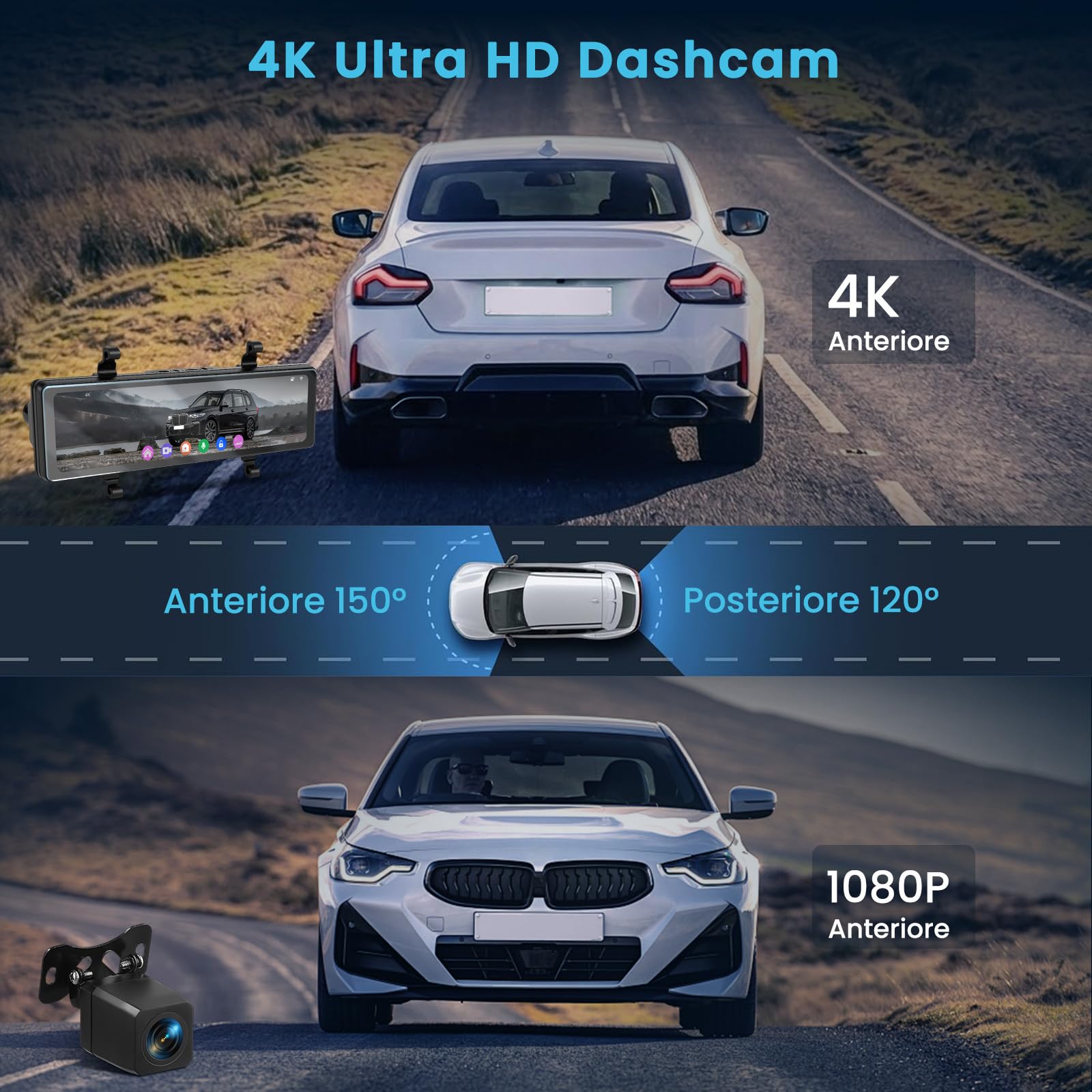 Inefala 4K Dashcam Specchietto 11,26''Touchscreen WiFi GPS con Scheda 64GB