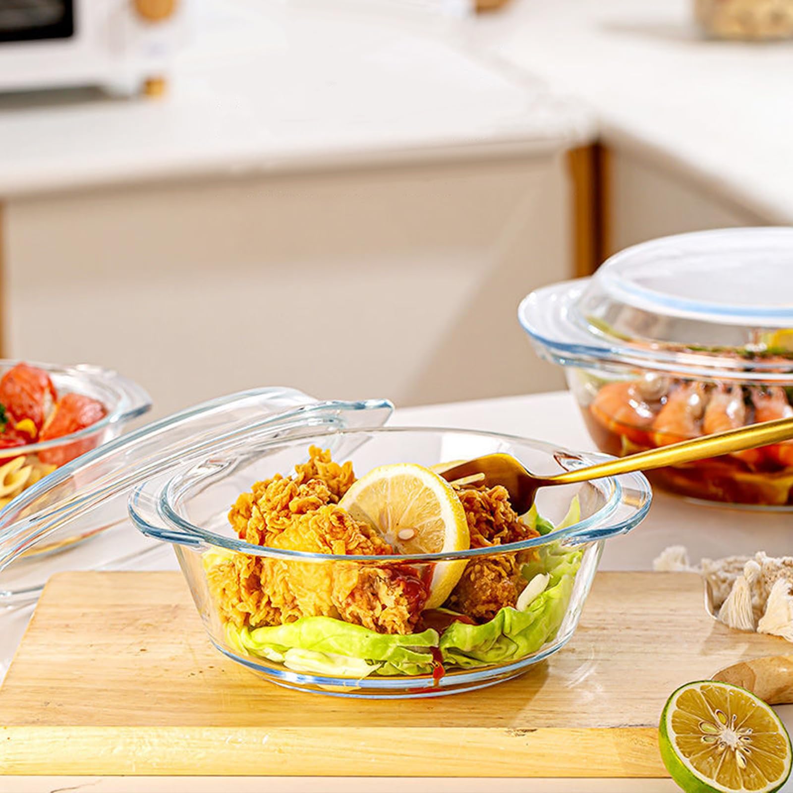 Lot de 2 petites cocottes rondes en verre de 0,7 l avec couvercle, 16 cm, plat de cuisson individuel en verre résistant au four pour aliments, pâtisserie, service