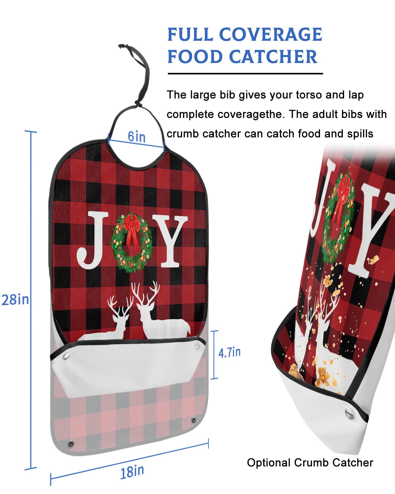 LEOKOTI Christmas Elk Adult Bibs for Eating, Waterproof Bibs with Food Catcher & Adjustable Snap Closure, Joy Wreath Red Black Checkered Washable Clothing Protectors Adult Bibs for Elderly Women/Men